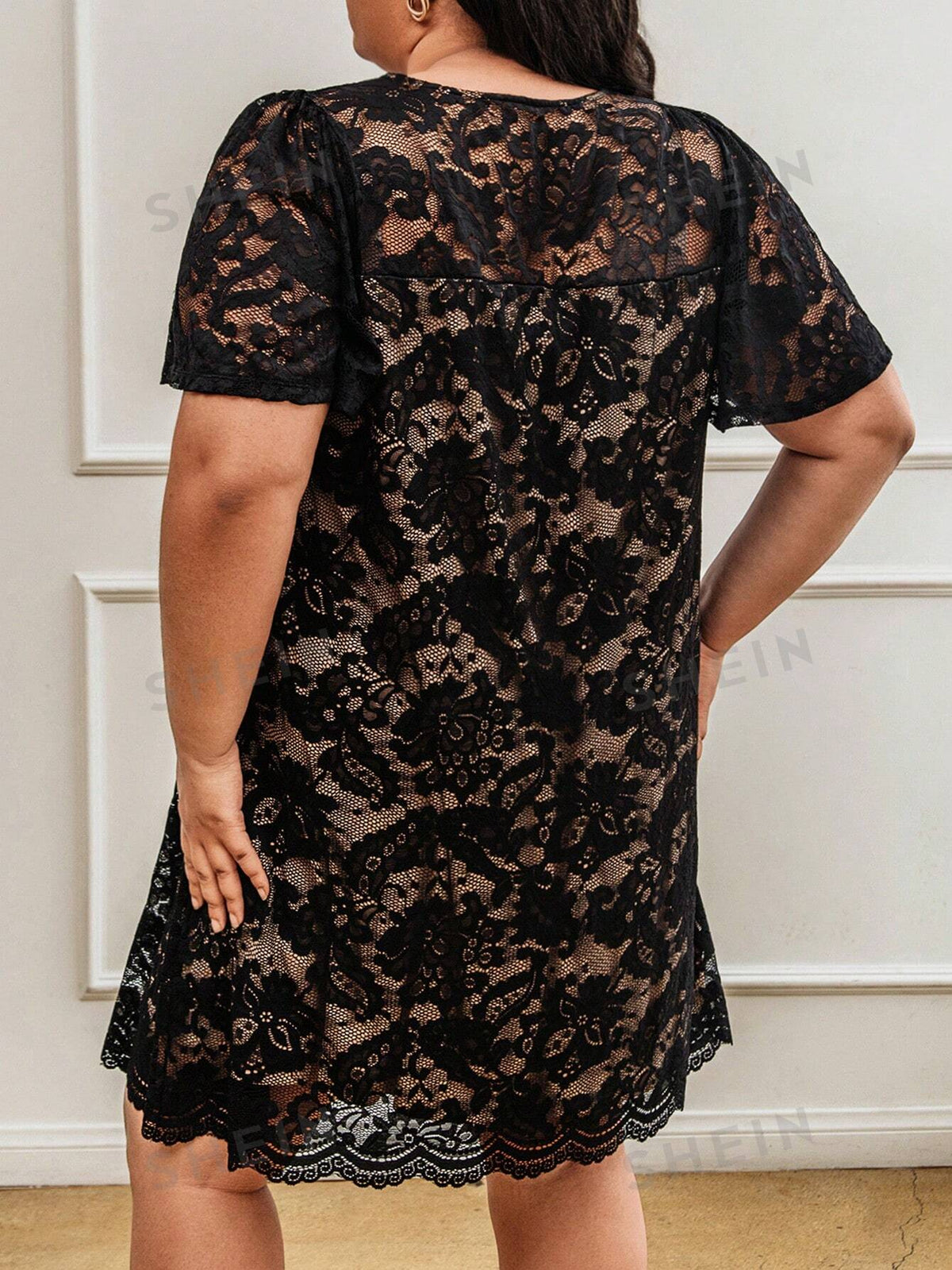 CURVE  Plus Size Black Lace Ruffle Sleeve Dress,Elegant Dress,Summer Dress