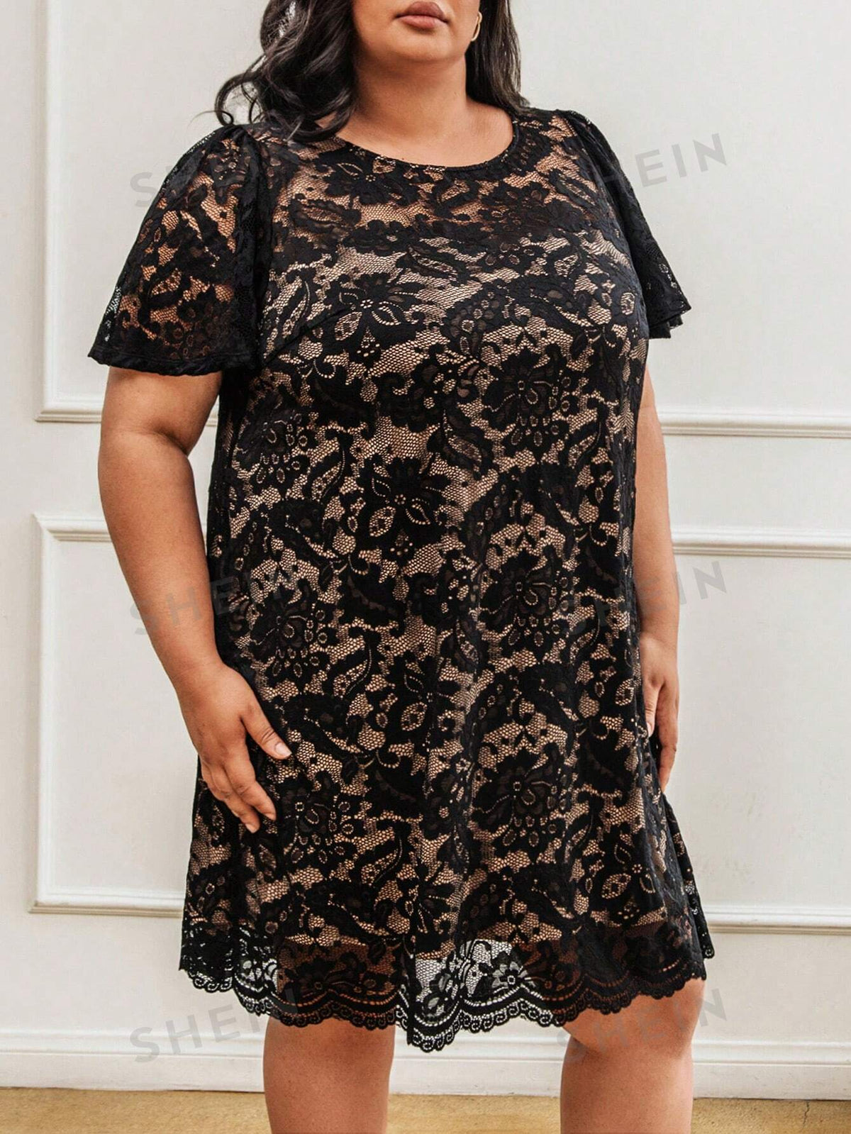 CURVE  Plus Size Black Lace Ruffle Sleeve Dress,Elegant Dress,Summer Dress