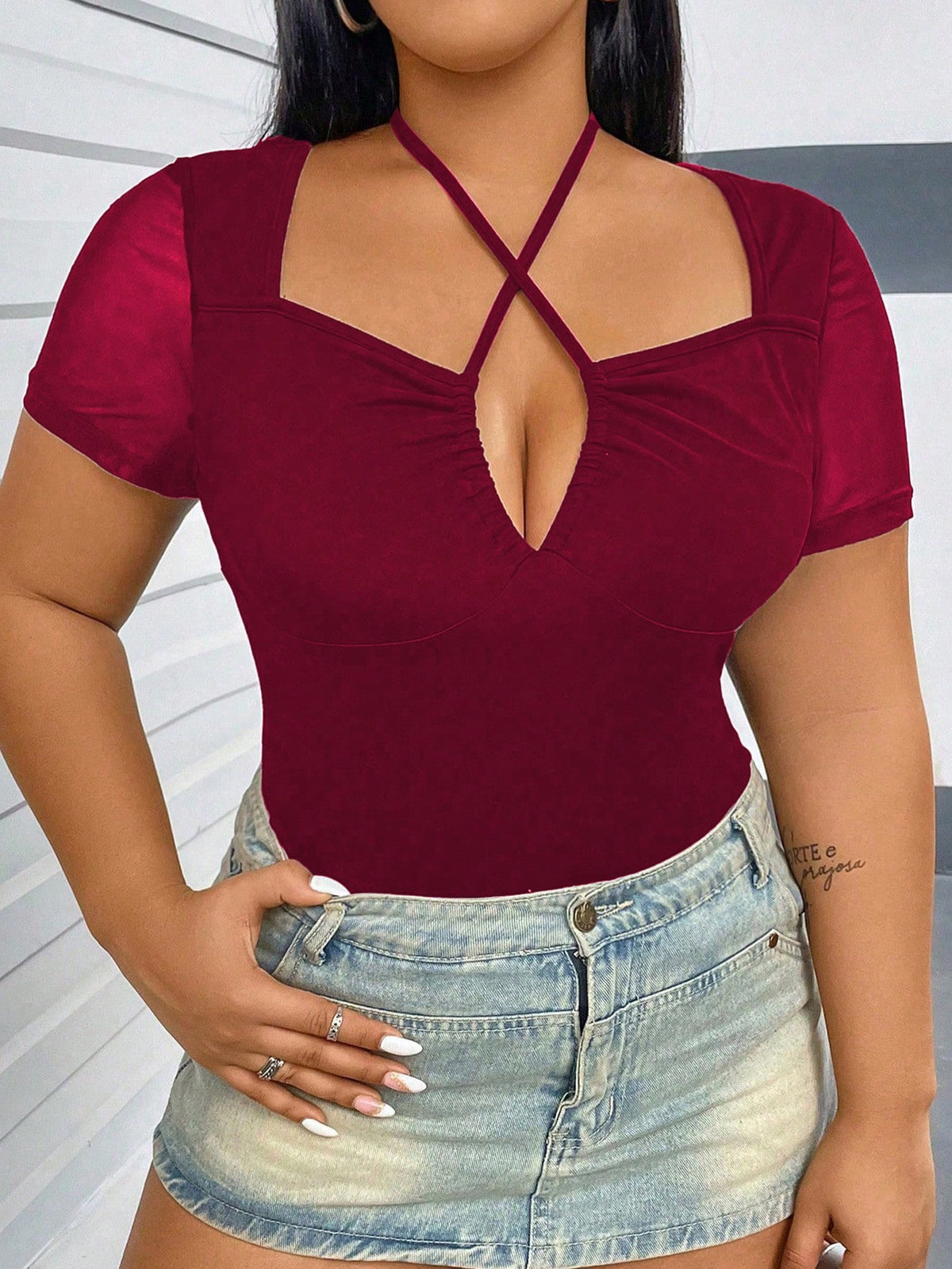 EZwear Plus Size Summer Casual Solid Color Hollow Out V-Neck Tee