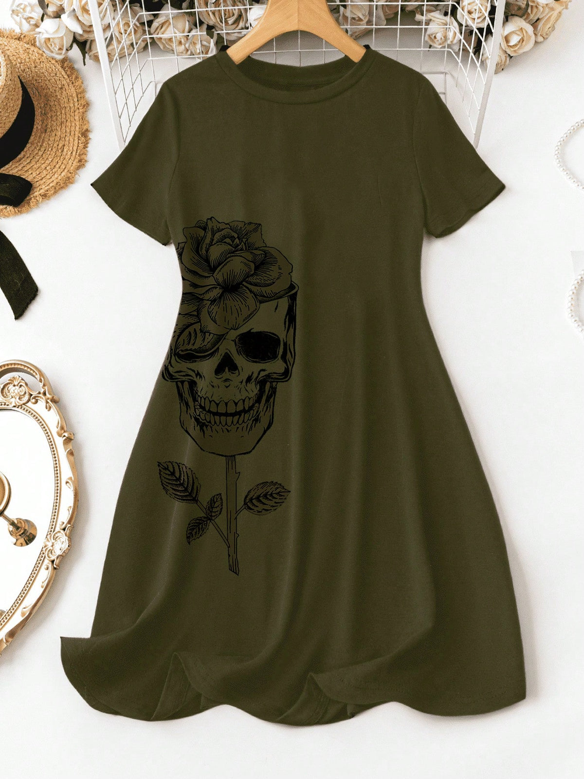 LUNE Casual Flower & Skull Pattern Plus Size Women's Short Sleeve Bodycon Dress, Summer