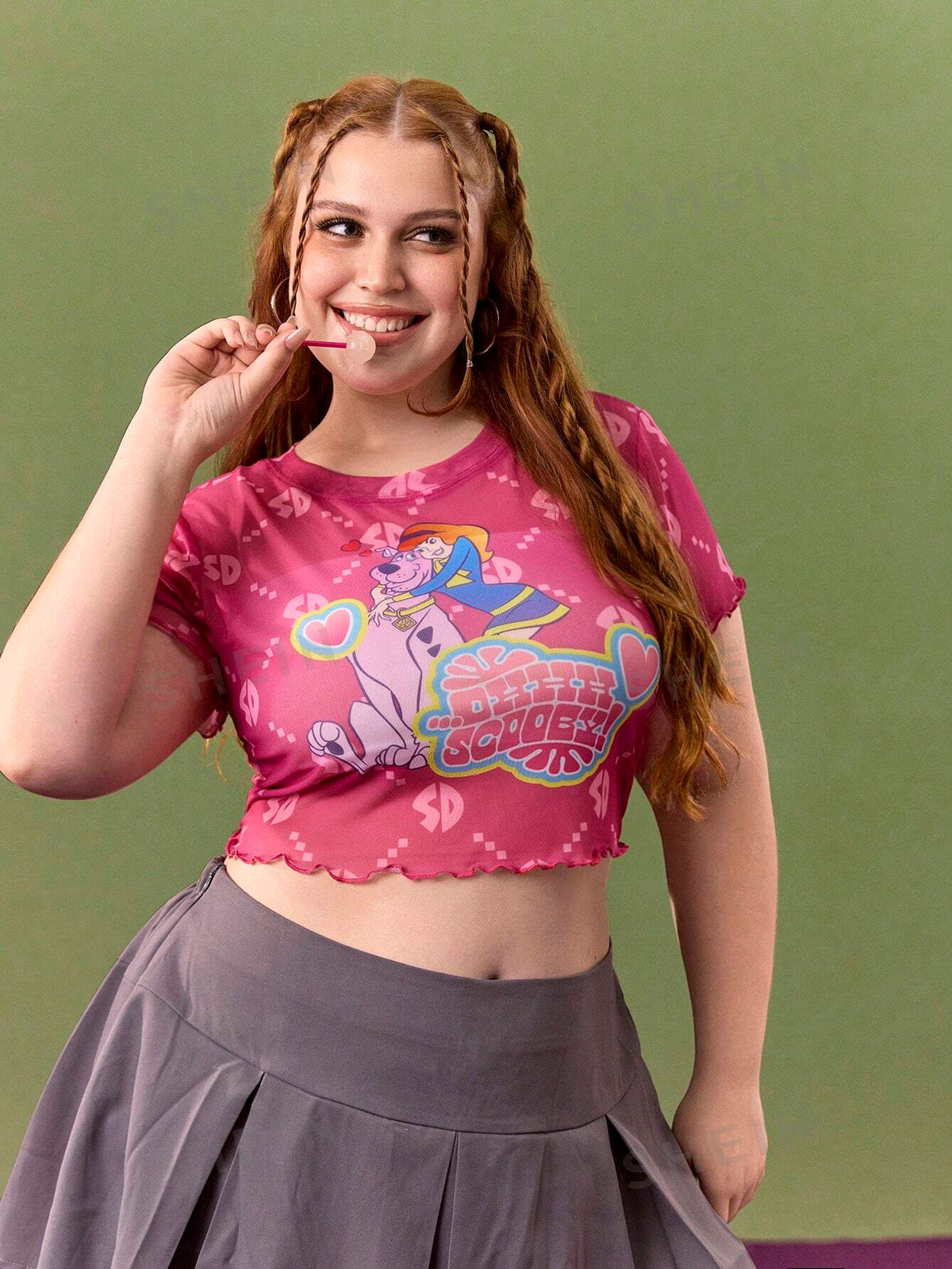 SCOOBY-DOO X  Plus Size Y2K Sweet Pink Printed Cartoon Heart Pattern Pink Mesh Top, Summer