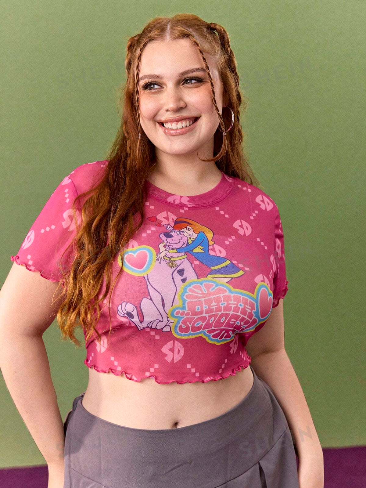 SCOOBY-DOO X  Plus Size Y2K Sweet Pink Printed Cartoon Heart Pattern Pink Mesh Top, Summer