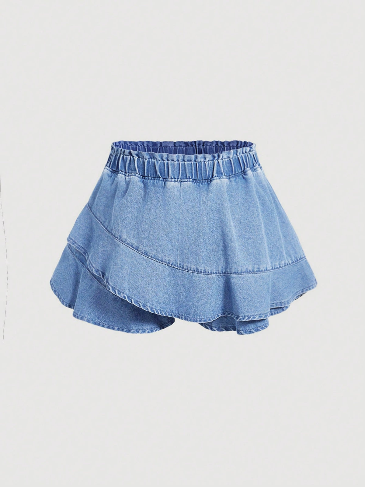 MOD SHEIN MOD Plus Sizeruffle Shorts Casual Sweet Loose Denim Shorts With Ruffle Hem, Summer Outfits,Back To School,Earthy Clothes,Blue