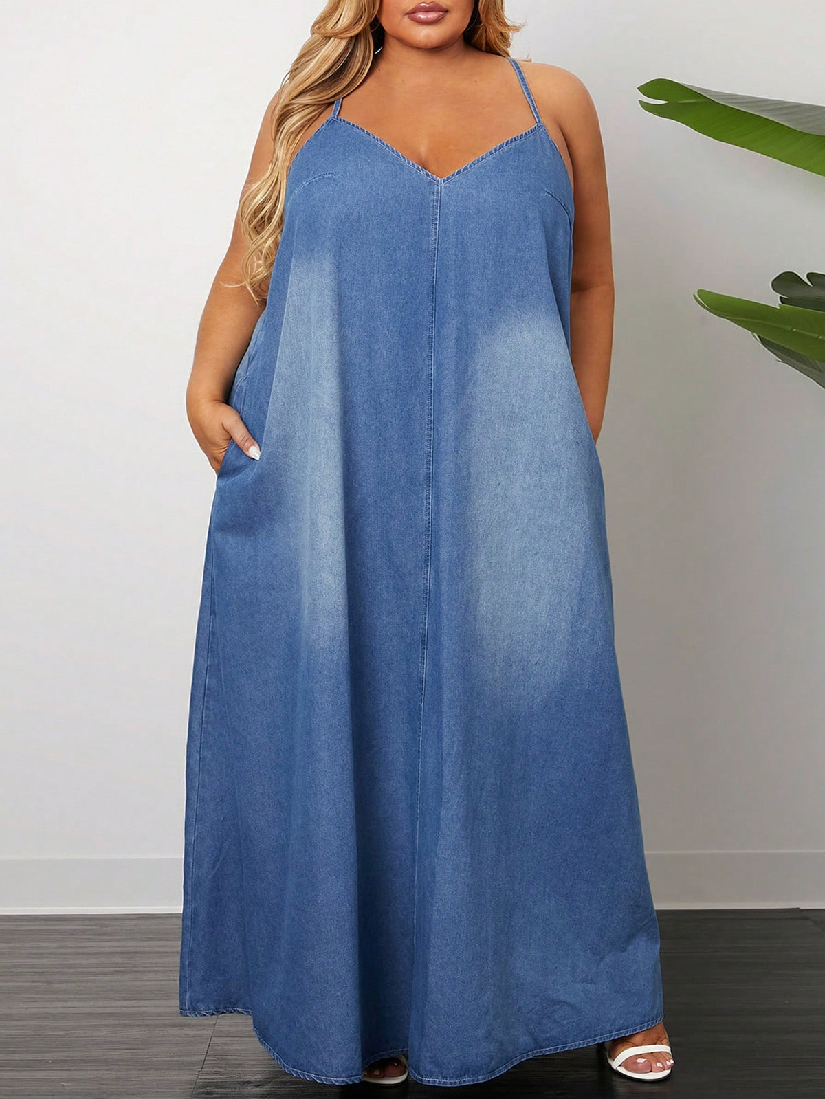 CURVE  Plus Size Denim Casual Loose Long Suspender Dress, Sexy, Blue Color