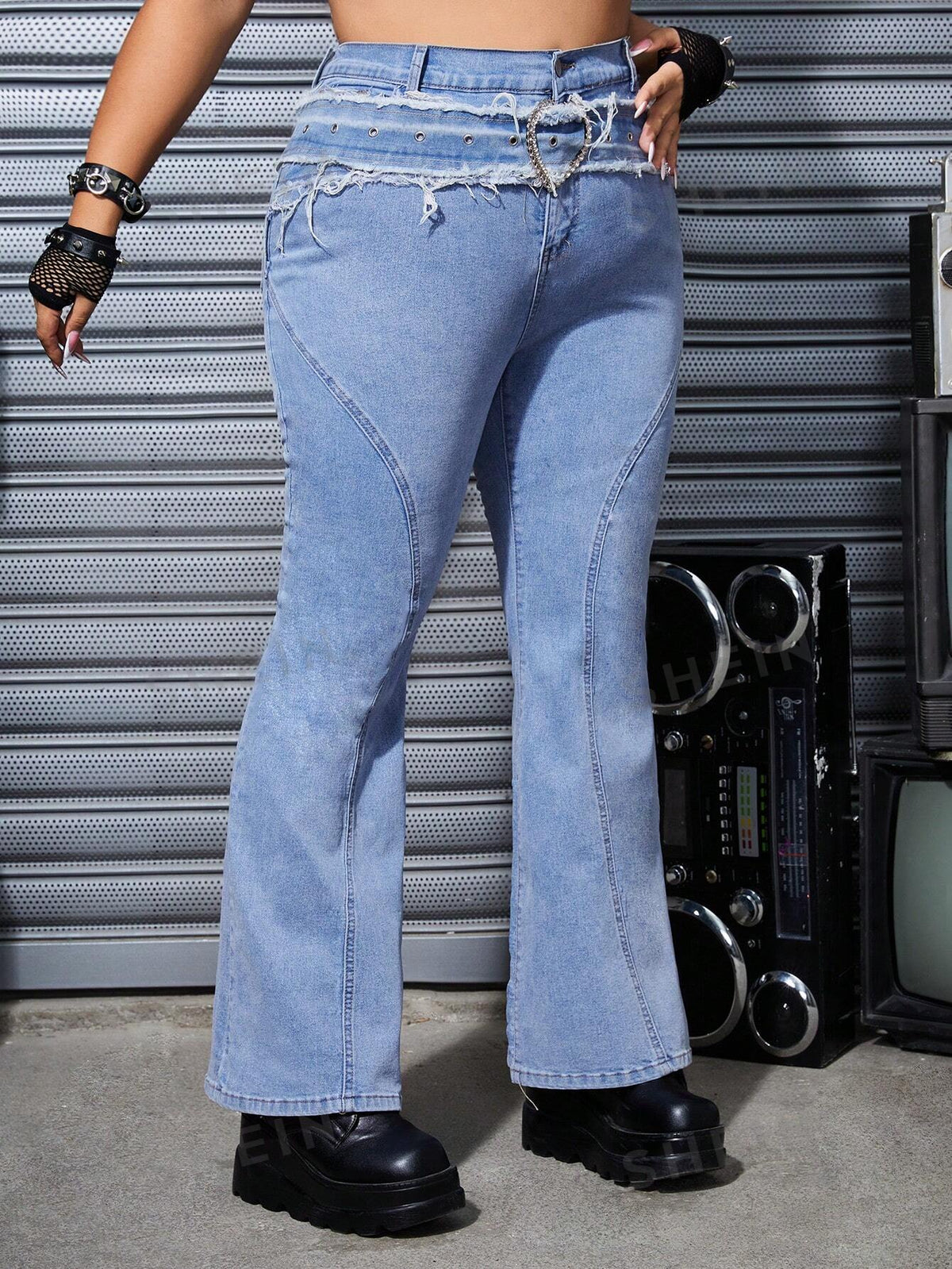 ROMWE Grunge Punk Women's Plus Size Flared Casual Jeans With Waist Corn And Buckle Design