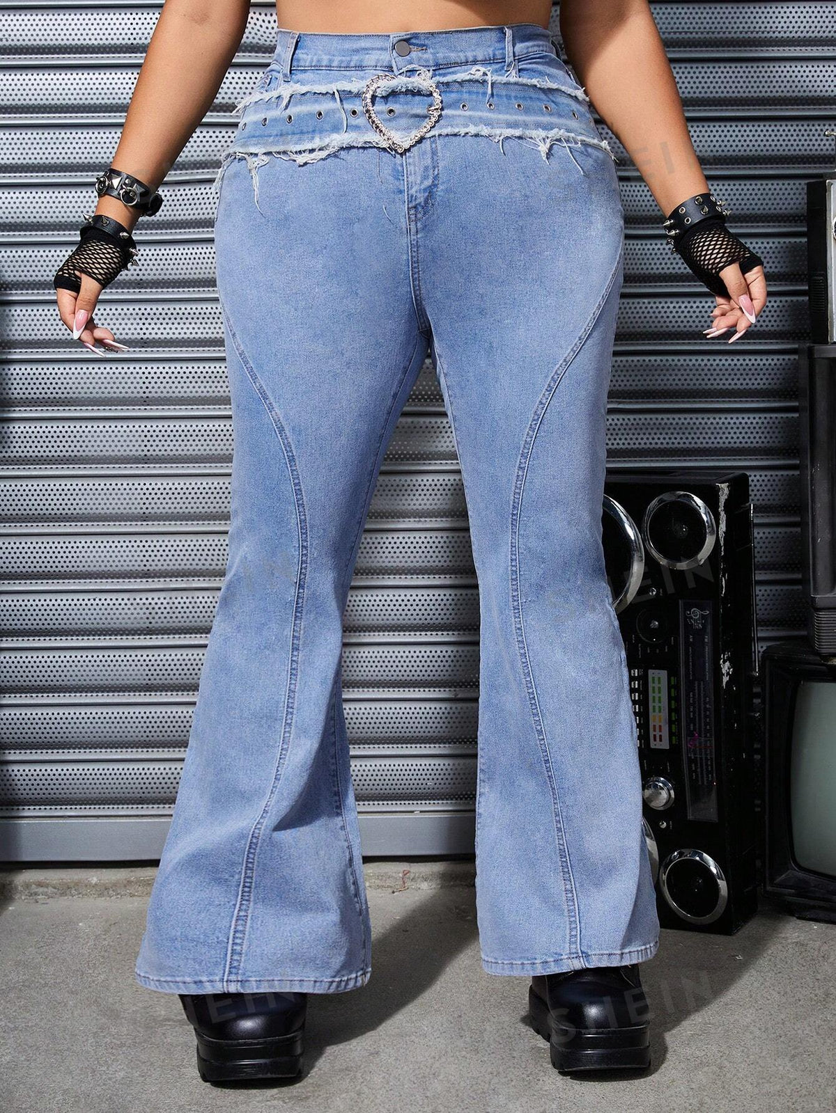 ROMWE Grunge Punk Women's Plus Size Flared Casual Jeans With Waist Corn And Buckle Design