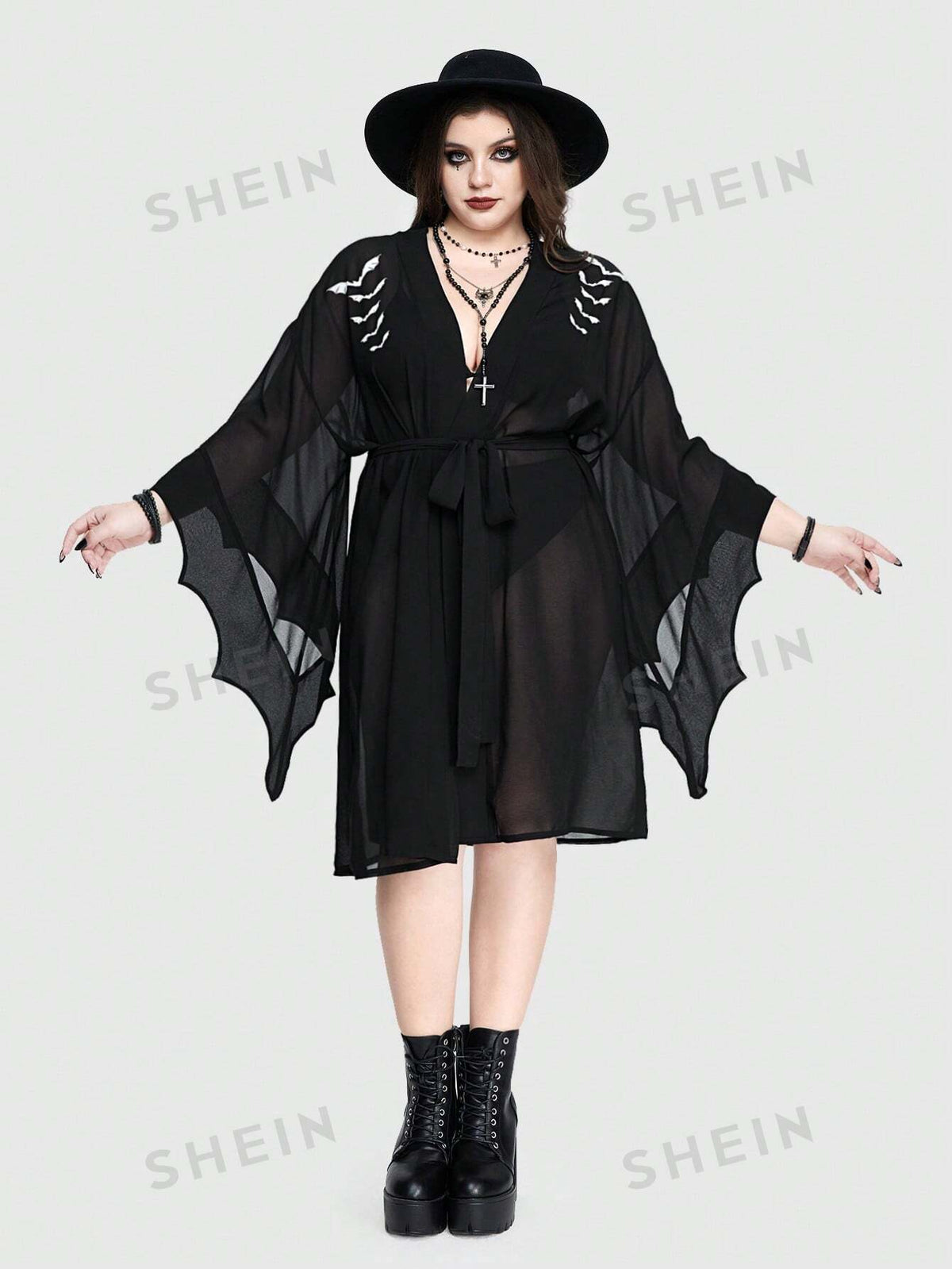 ROMWE Goth Plus Size Gothic Summer Holiday Style Bat Printed Oversized Coat, Batwing Sleeve And Sheer Jacket