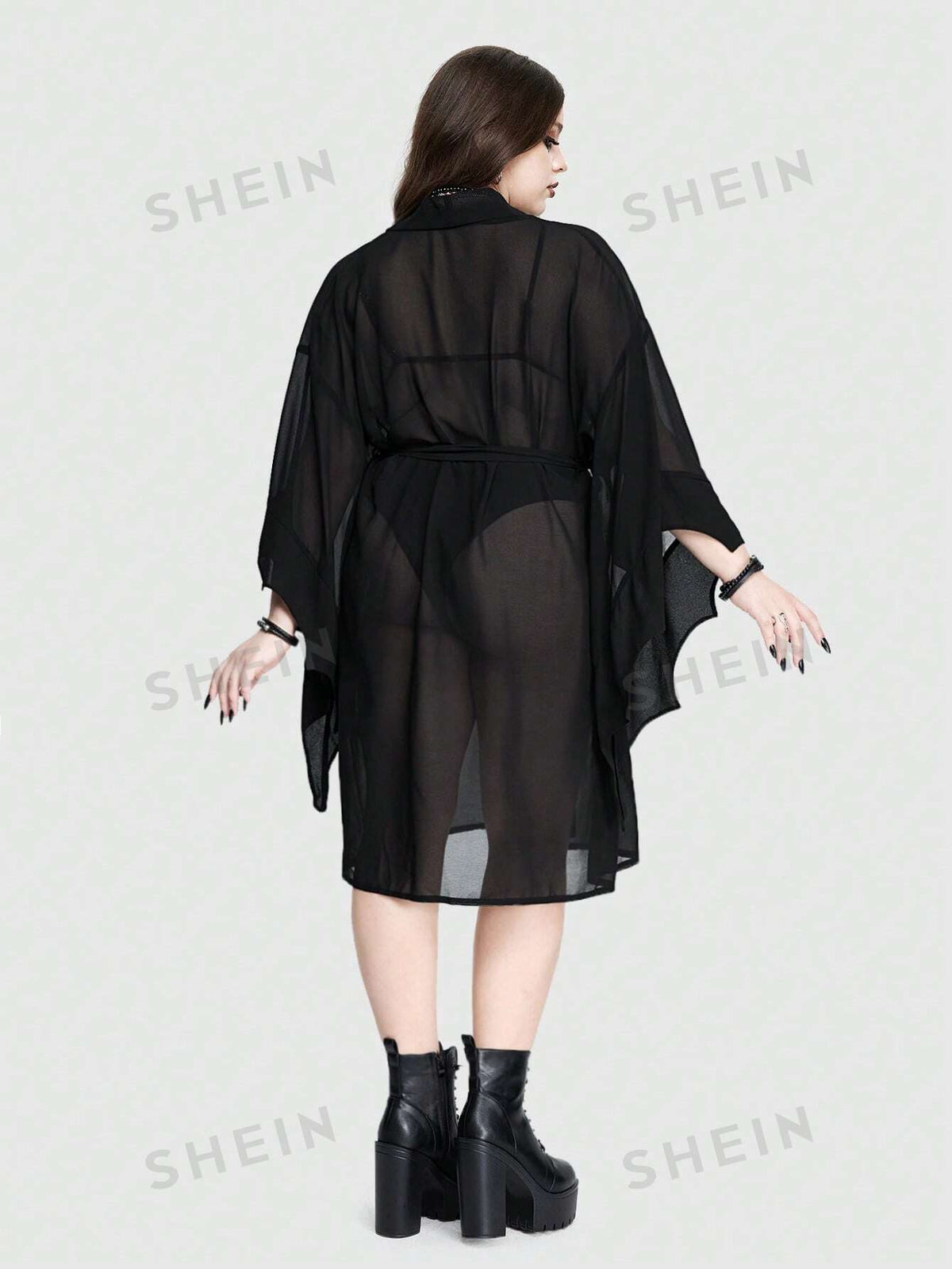 ROMWE Goth Plus Size Gothic Summer Holiday Style Bat Printed Oversized Coat, Batwing Sleeve And Sheer Jacket