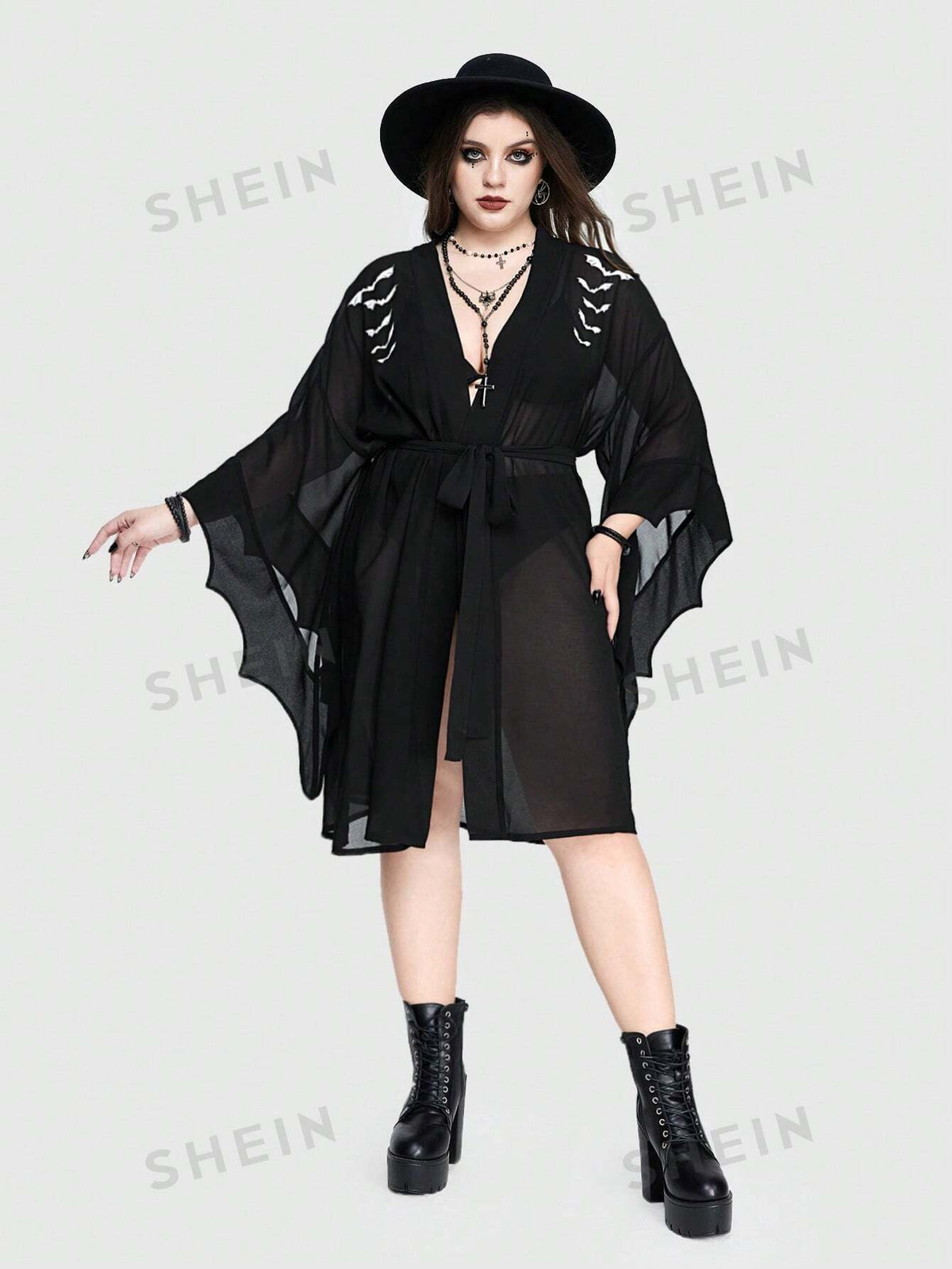 ROMWE Goth Plus Size Gothic Summer Holiday Style Bat Printed Oversized Coat, Batwing Sleeve And Sheer Jacket