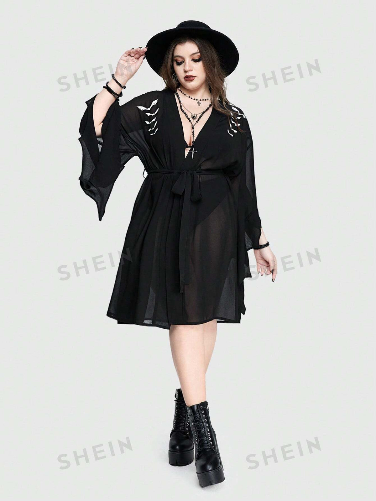 ROMWE Goth Plus Size Gothic Summer Holiday Style Bat Printed Oversized Coat, Batwing Sleeve And Sheer Jacket