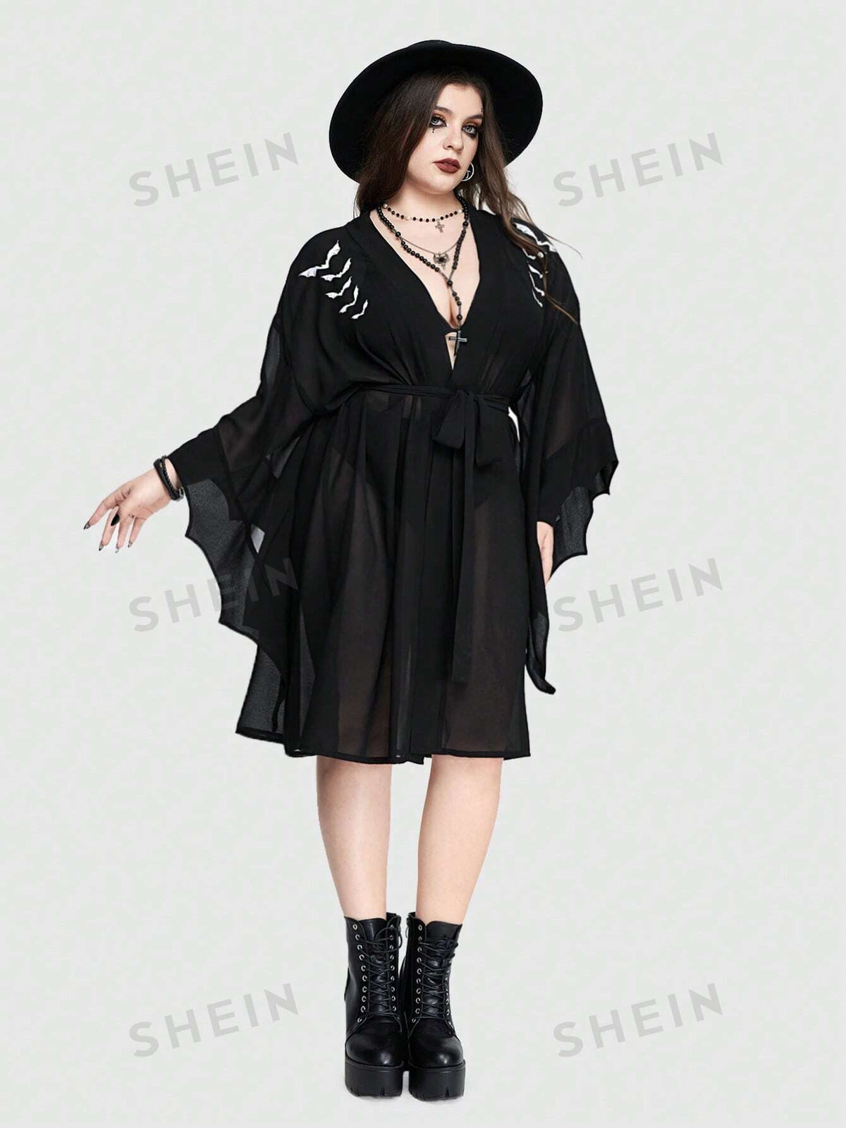 ROMWE Goth Plus Size Gothic Summer Holiday Style Bat Printed Oversized Coat, Batwing Sleeve And Sheer Jacket