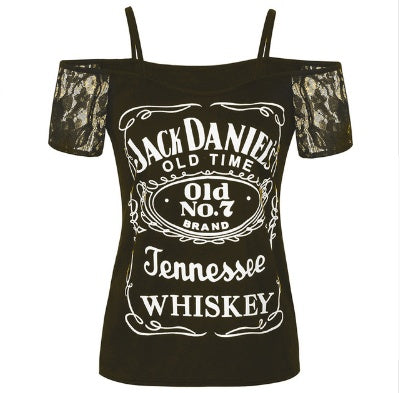 Smooth As Whiskey Cold Shoulder Lace Short Sleeved Casual Graphic Print Tee Shirt