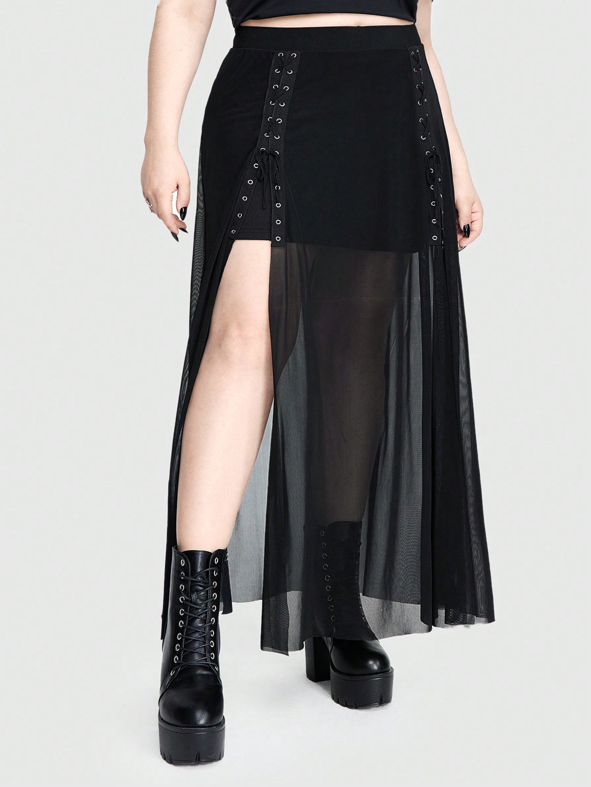 ROMWE Goth Plus Size Gothic Metal-Chain Strap High-Slit Sheer Mesh A-Line Skirt For Women