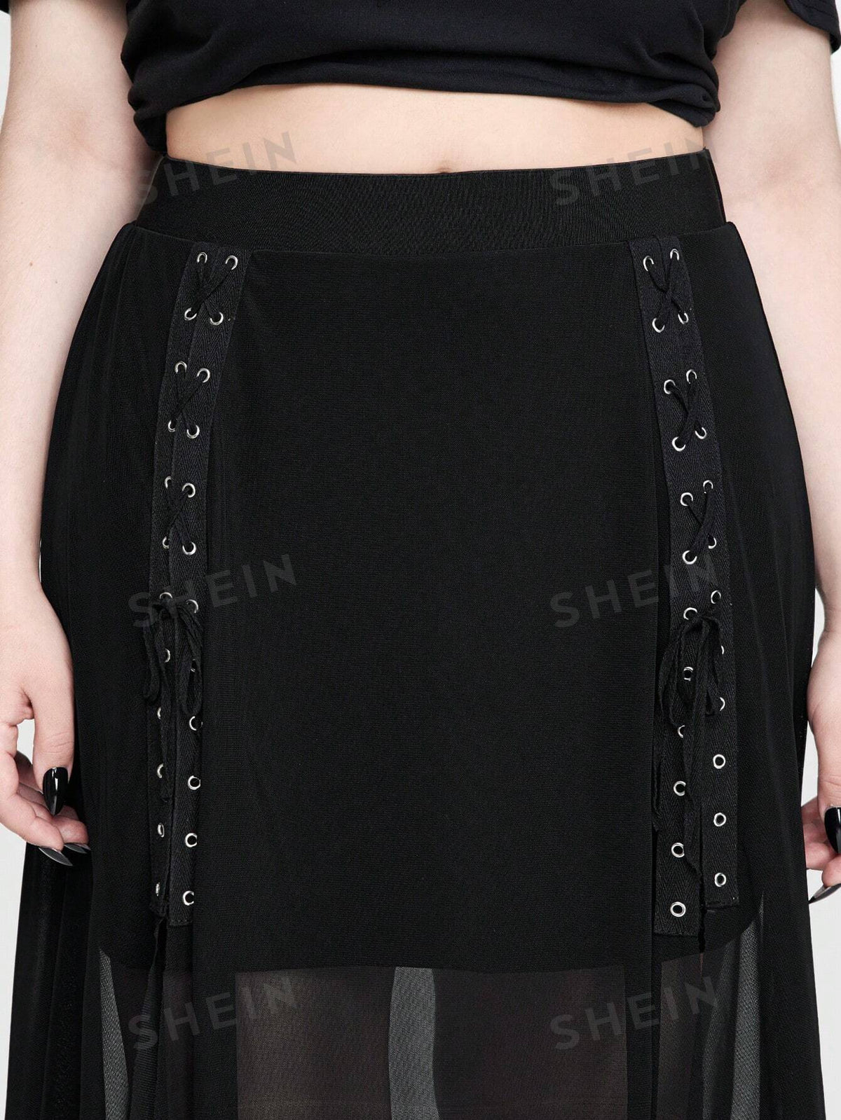ROMWE Goth Plus Size Gothic Metal-Chain Strap High-Slit Sheer Mesh A-Line Skirt For Women