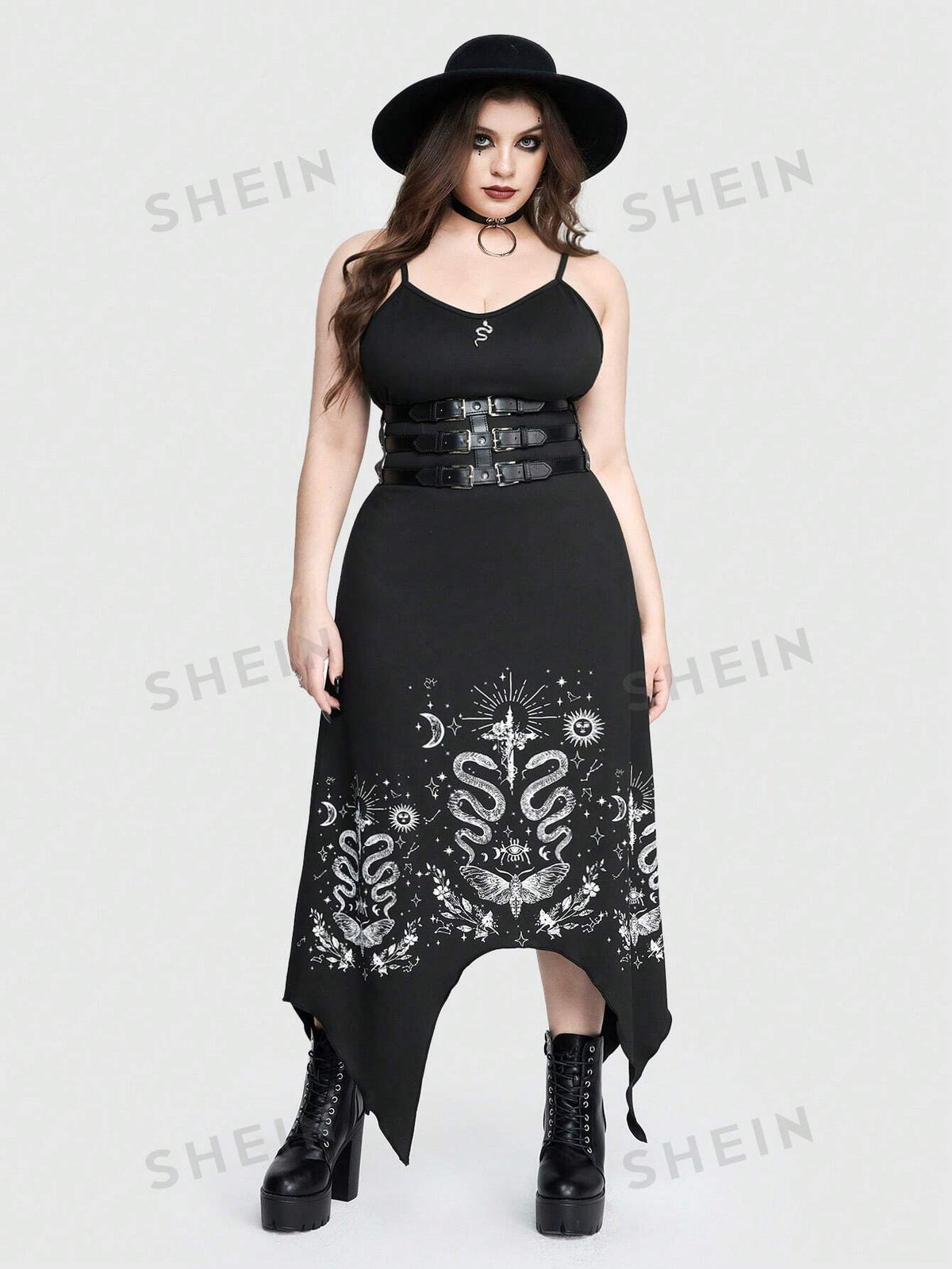 ROMWE Goth Gothic Style Snake & Plant Printed Irregular Hem Moon Decoration Plus Size Women's Cami Dress