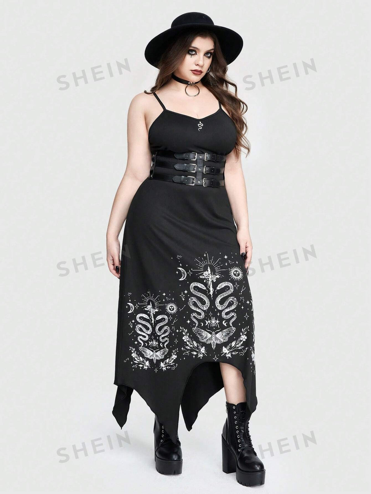 ROMWE Goth Gothic Style Snake & Plant Printed Irregular Hem Moon Decoration Plus Size Women's Cami Dress