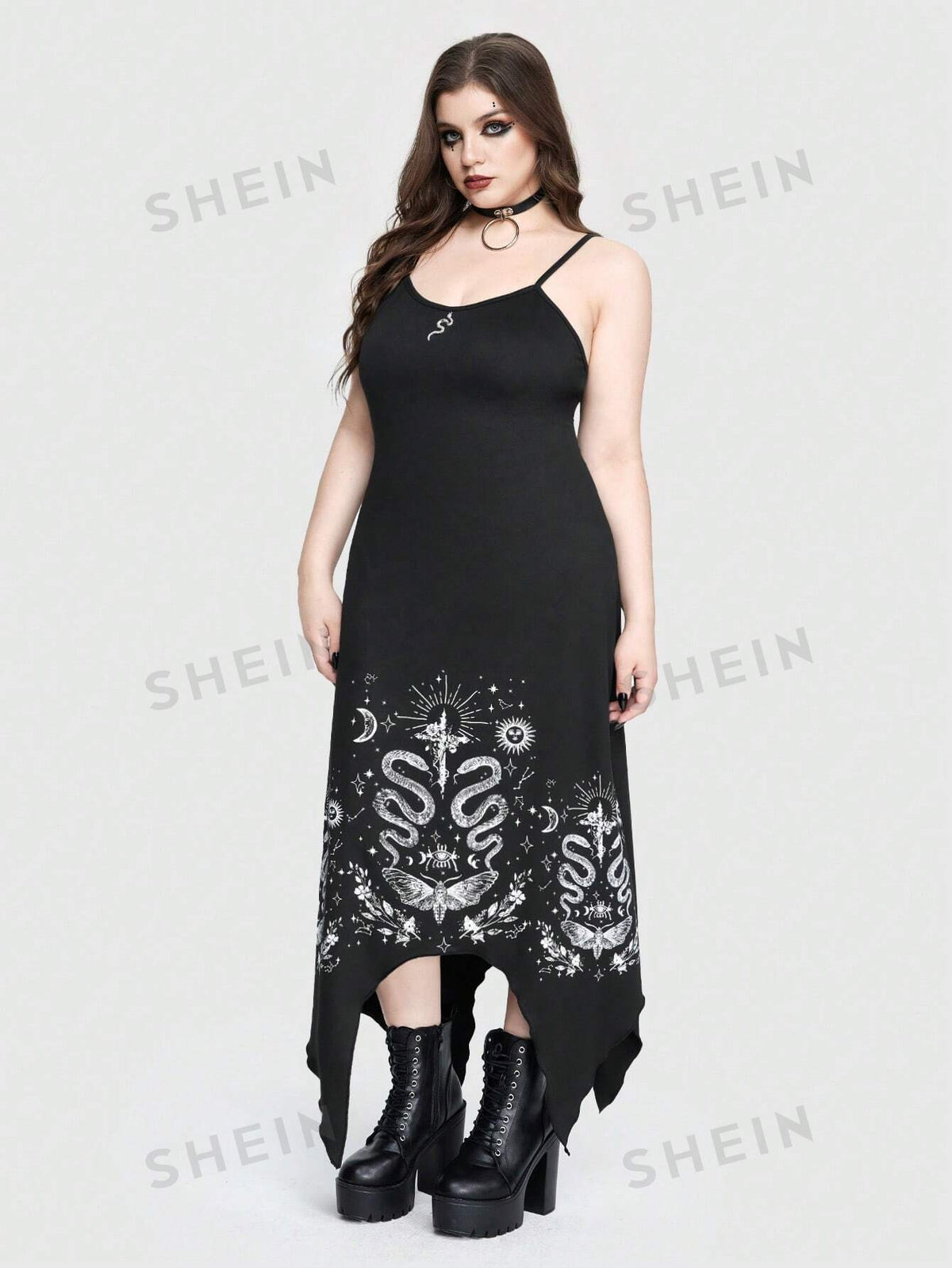 ROMWE Goth Gothic Style Snake & Plant Printed Irregular Hem Moon Decoration Plus Size Women's Cami Dress