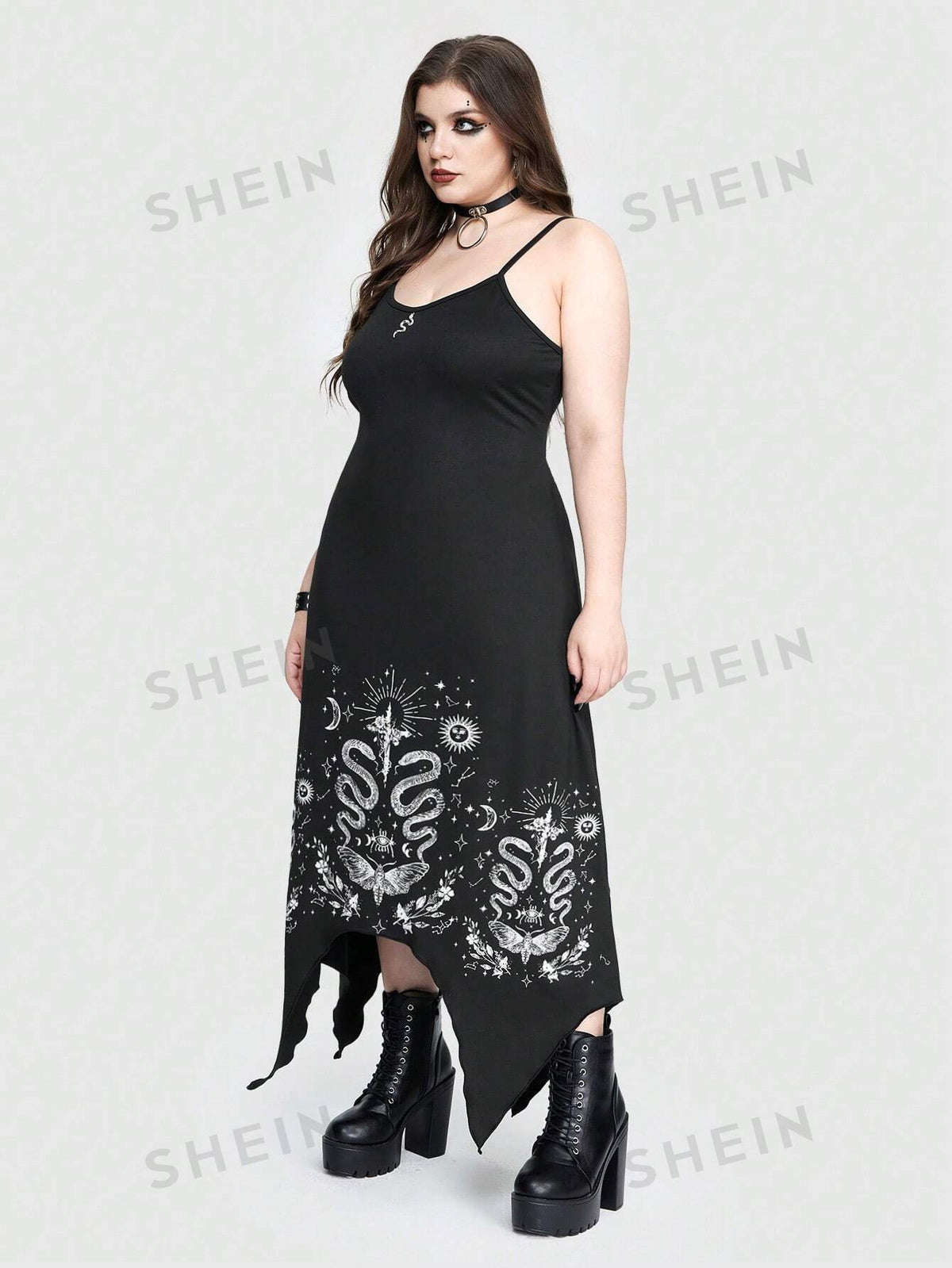 ROMWE Goth Gothic Style Snake & Plant Printed Irregular Hem Moon Decoration Plus Size Women's Cami Dress