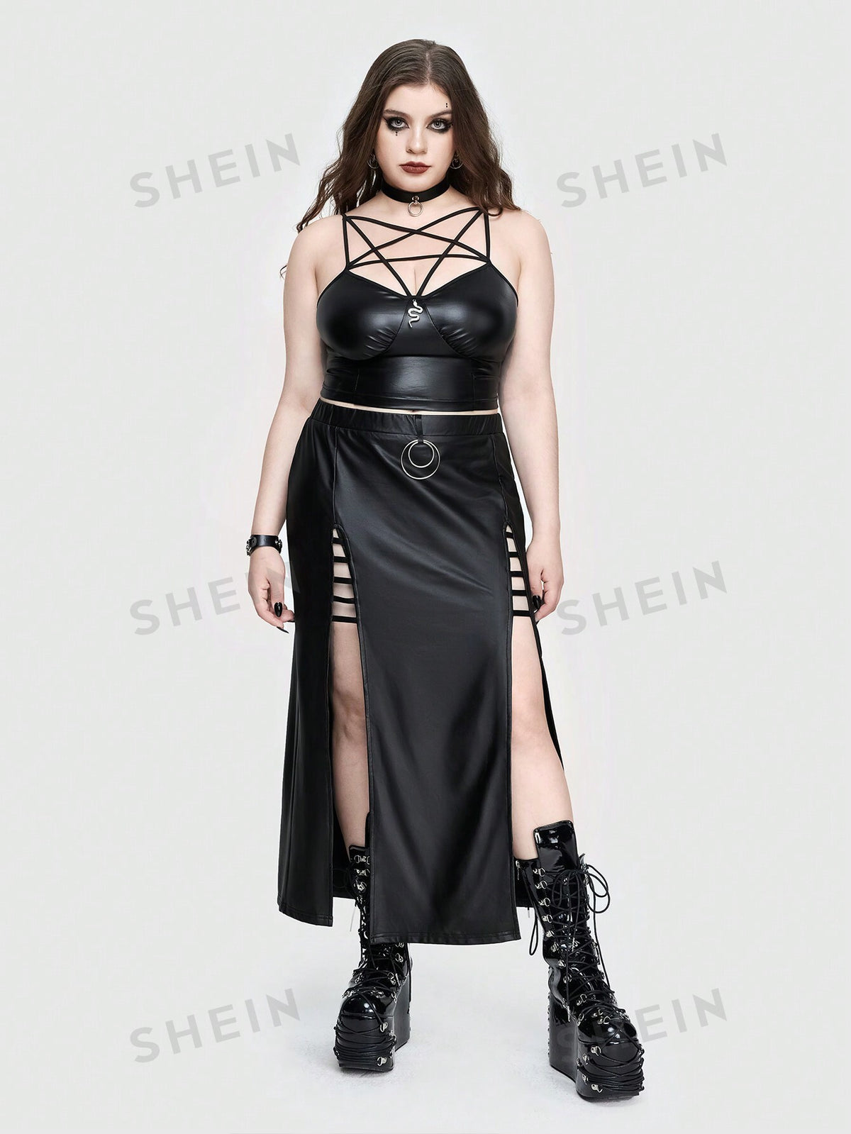 ROMWE Goth Sexy Mature Elegant High Slit Slim Fit With Criss-Cross Straps, Round Ring & Moon-Shaped Metallic Decorations, Stretchy Solid Color Plus Size Skirt For Parties