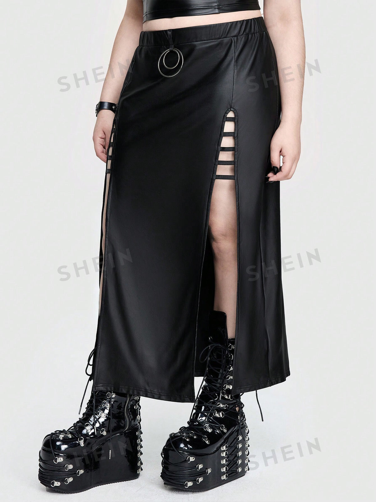 ROMWE Goth Sexy Mature Elegant High Slit Slim Fit With Criss-Cross Straps, Round Ring & Moon-Shaped Metallic Decorations, Stretchy Solid Color Plus Size Skirt For Parties