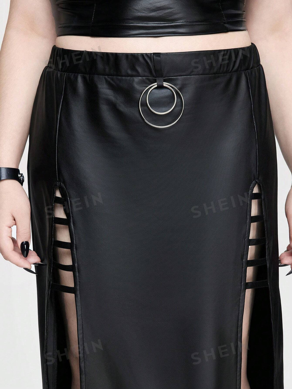 ROMWE Goth Sexy Mature Elegant High Slit Slim Fit With Criss-Cross Straps, Round Ring & Moon-Shaped Metallic Decorations, Stretchy Solid Color Plus Size Skirt For Parties