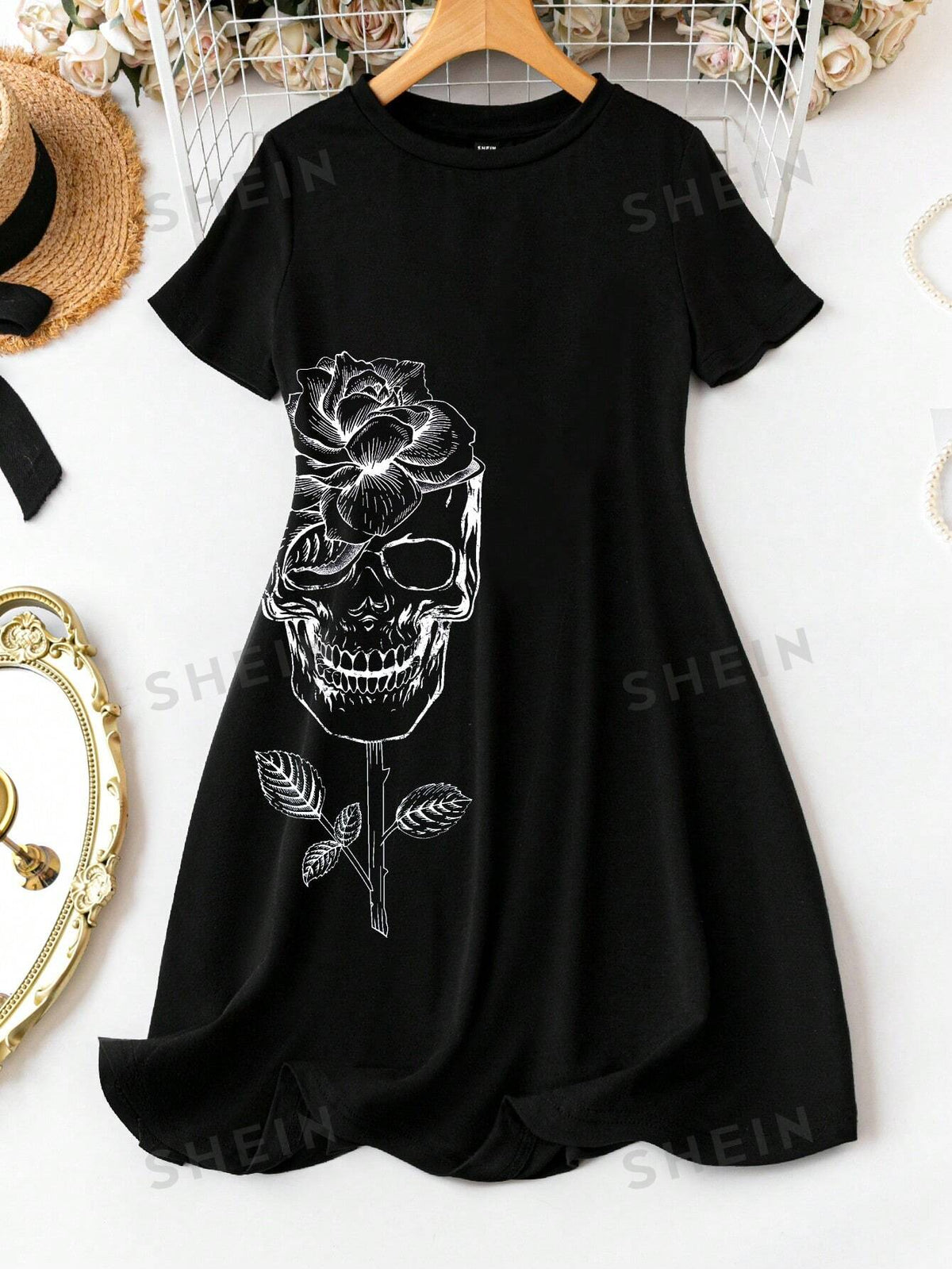 LUNE Casual Flower & Skull Pattern Plus Size Women's Short Sleeve Bodycon Dress, Summer