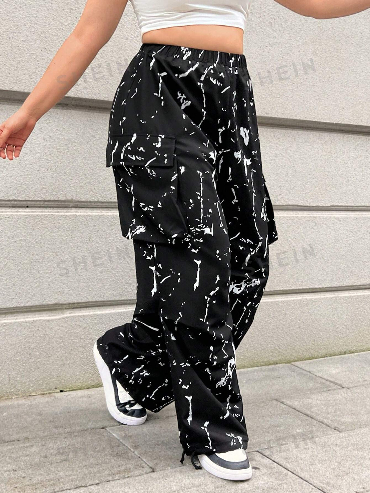 EZwear Plus Size Street Graffiti Workwear Pants With Ink Splatter Design