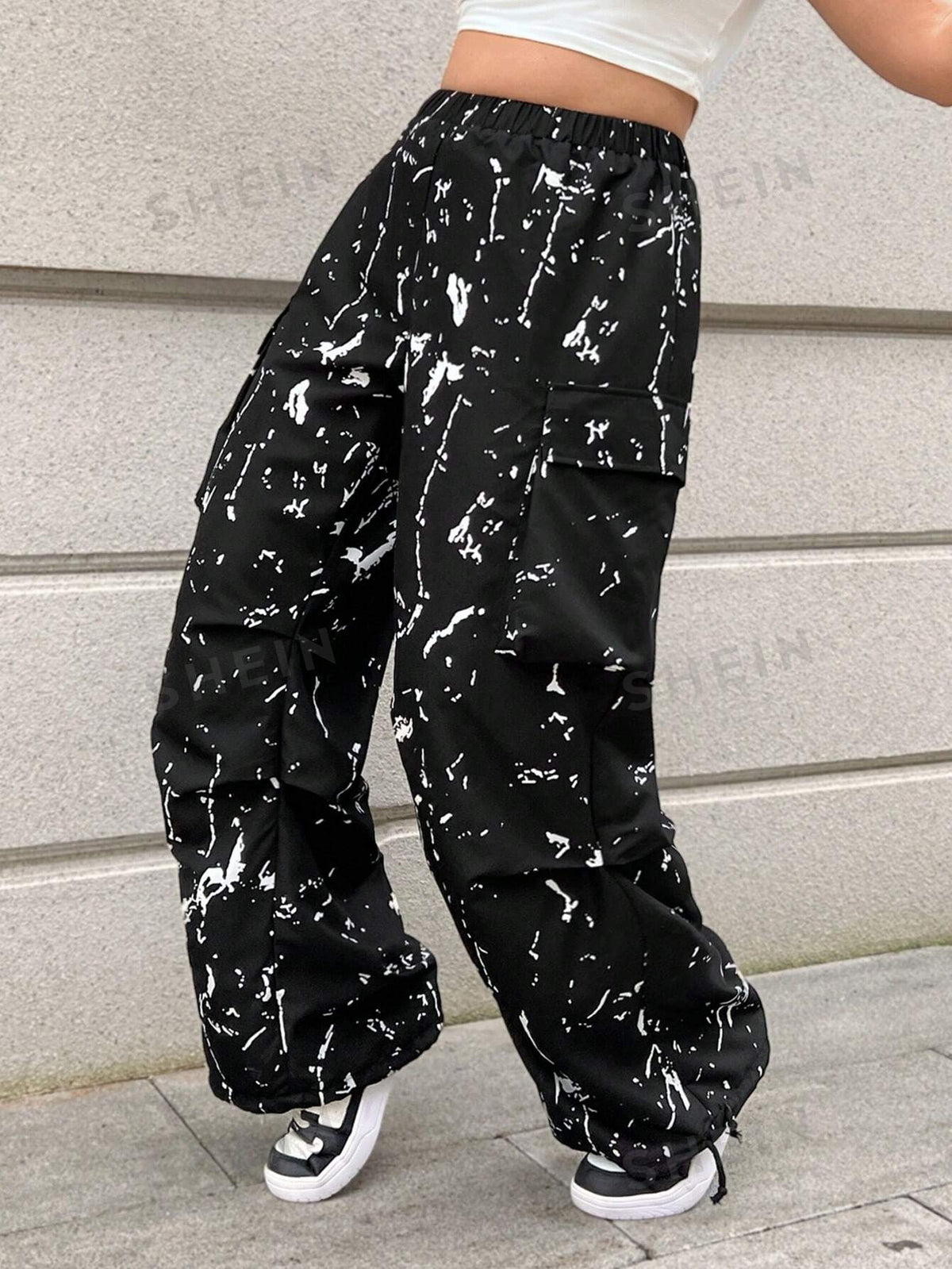 EZwear Plus Size Street Graffiti Workwear Pants With Ink Splatter Design