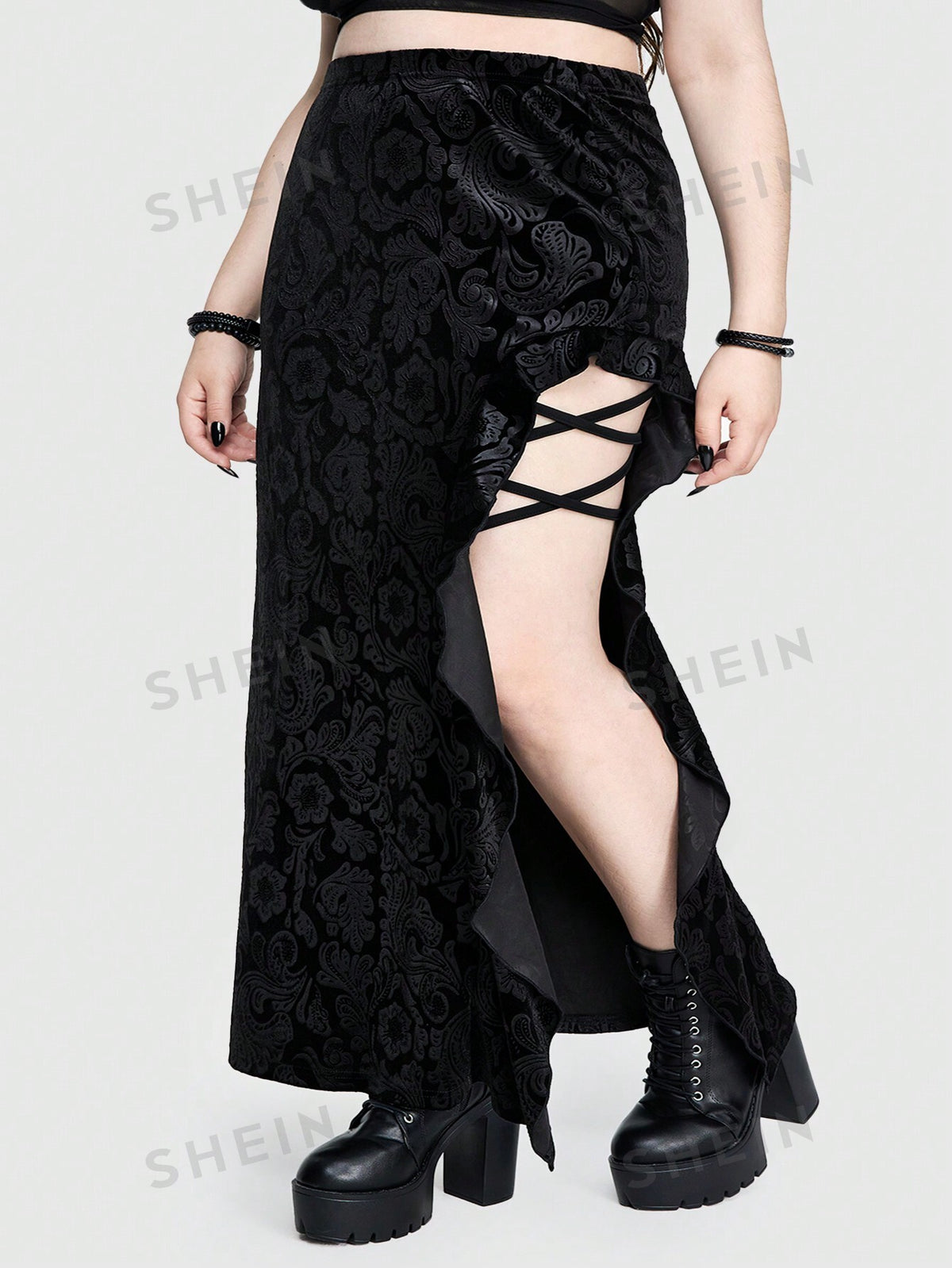 ROMWE Goth Gothic Velvet Embossed Sexy Plus Size High Slit Skirt