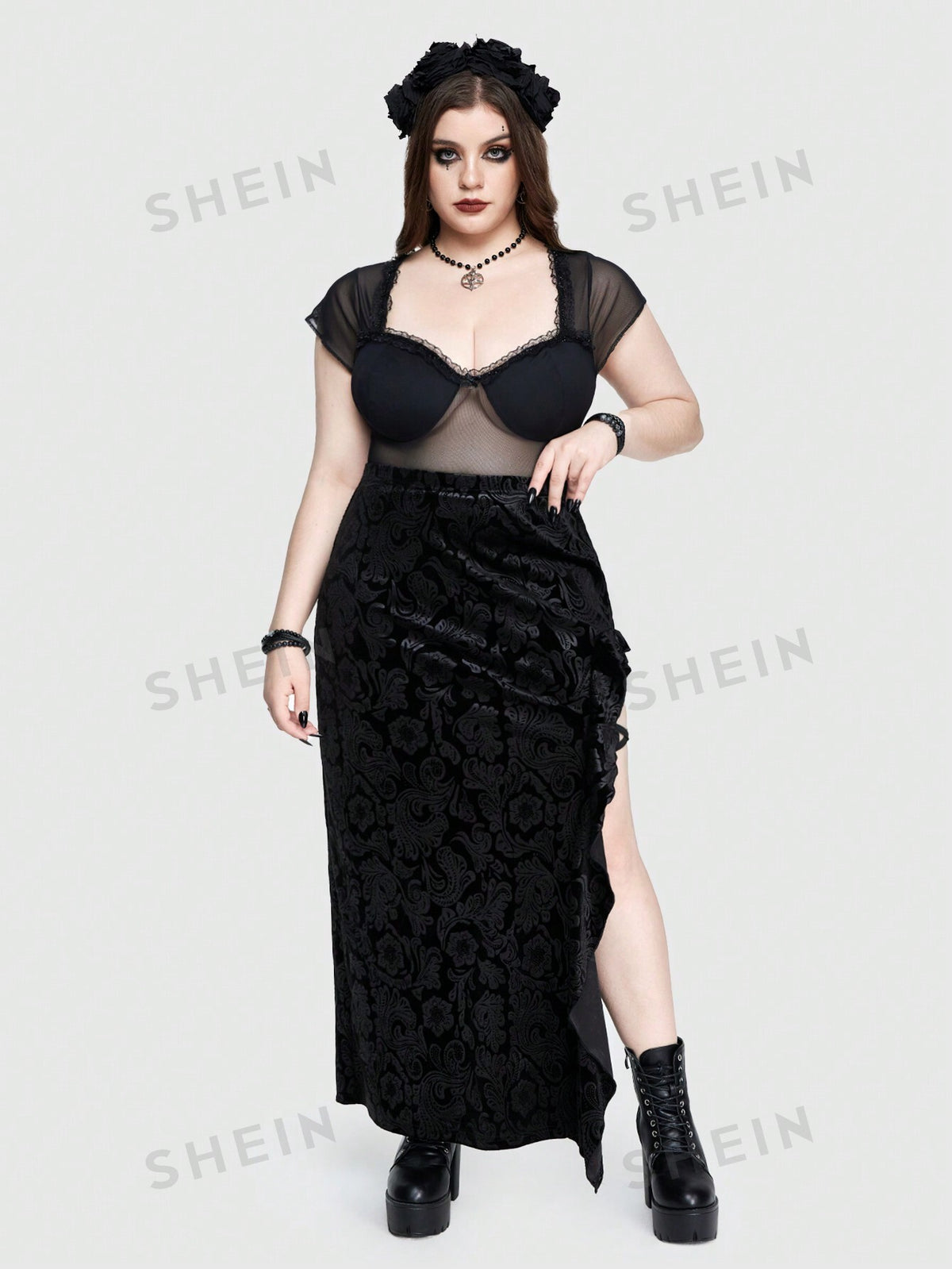 ROMWE Goth Gothic Velvet Embossed Sexy Plus Size High Slit Skirt