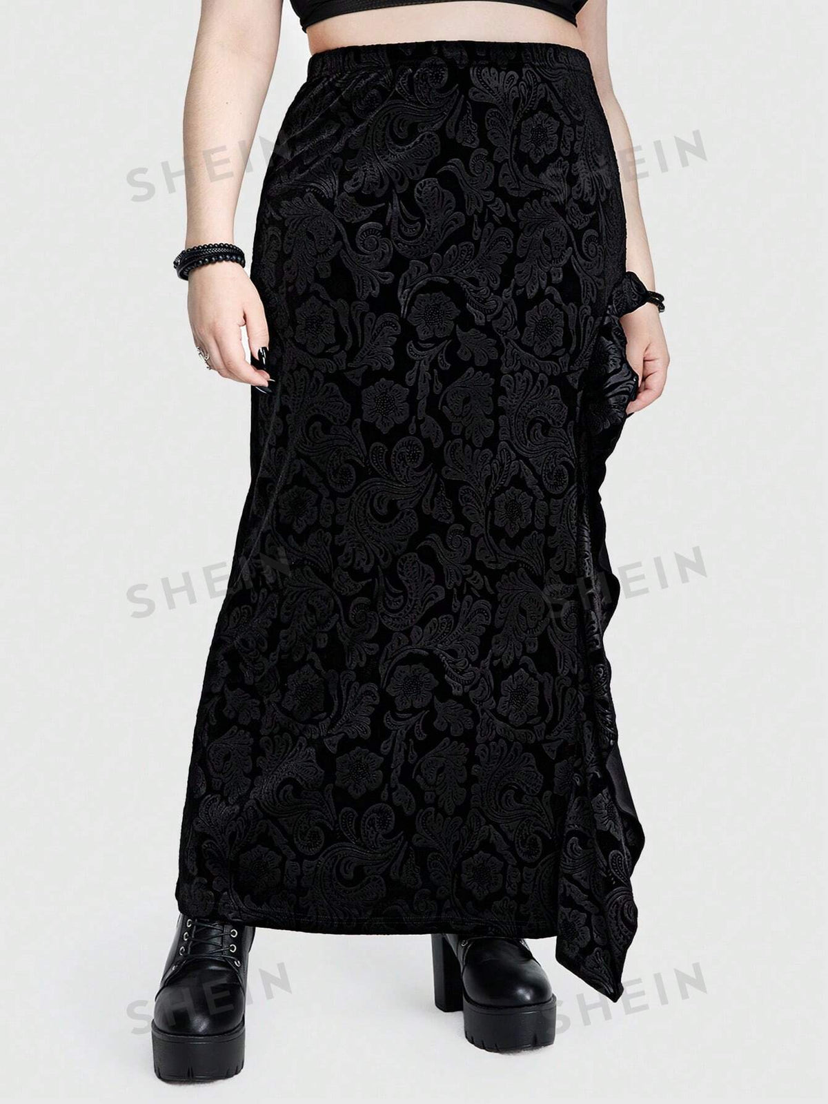 ROMWE Goth Gothic Velvet Embossed Sexy Plus Size High Slit Skirt