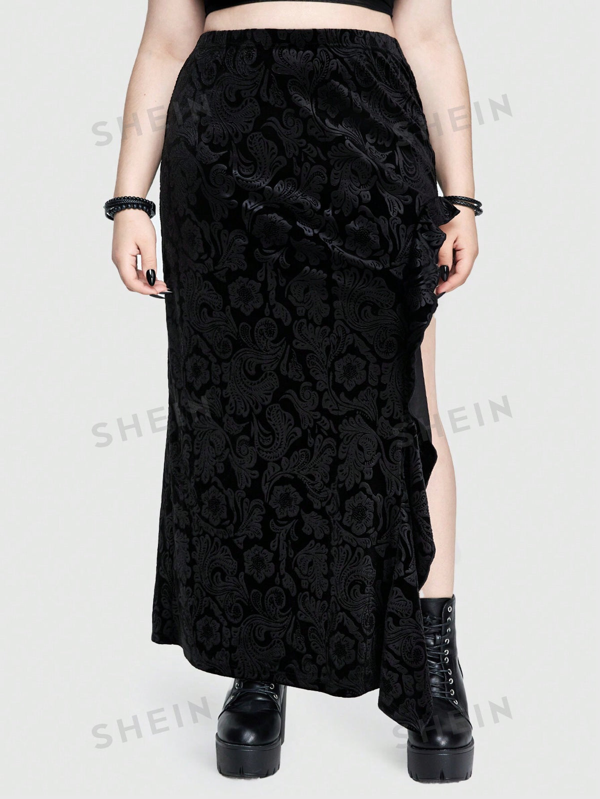 ROMWE Goth Gothic Velvet Embossed Sexy Plus Size High Slit Skirt