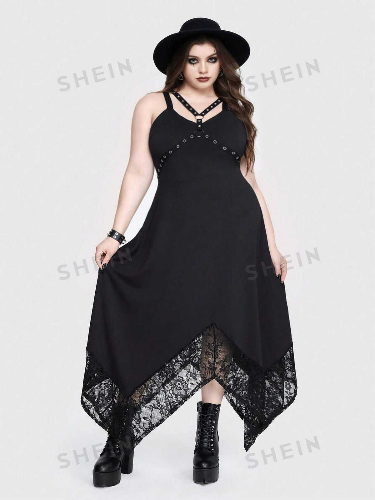 ROMWE Goth Punk Gothic Hollow Out Collar Chicken Eye Embellished Irregular Hem Contrast Lace Plus Size Maxi Cami Dress