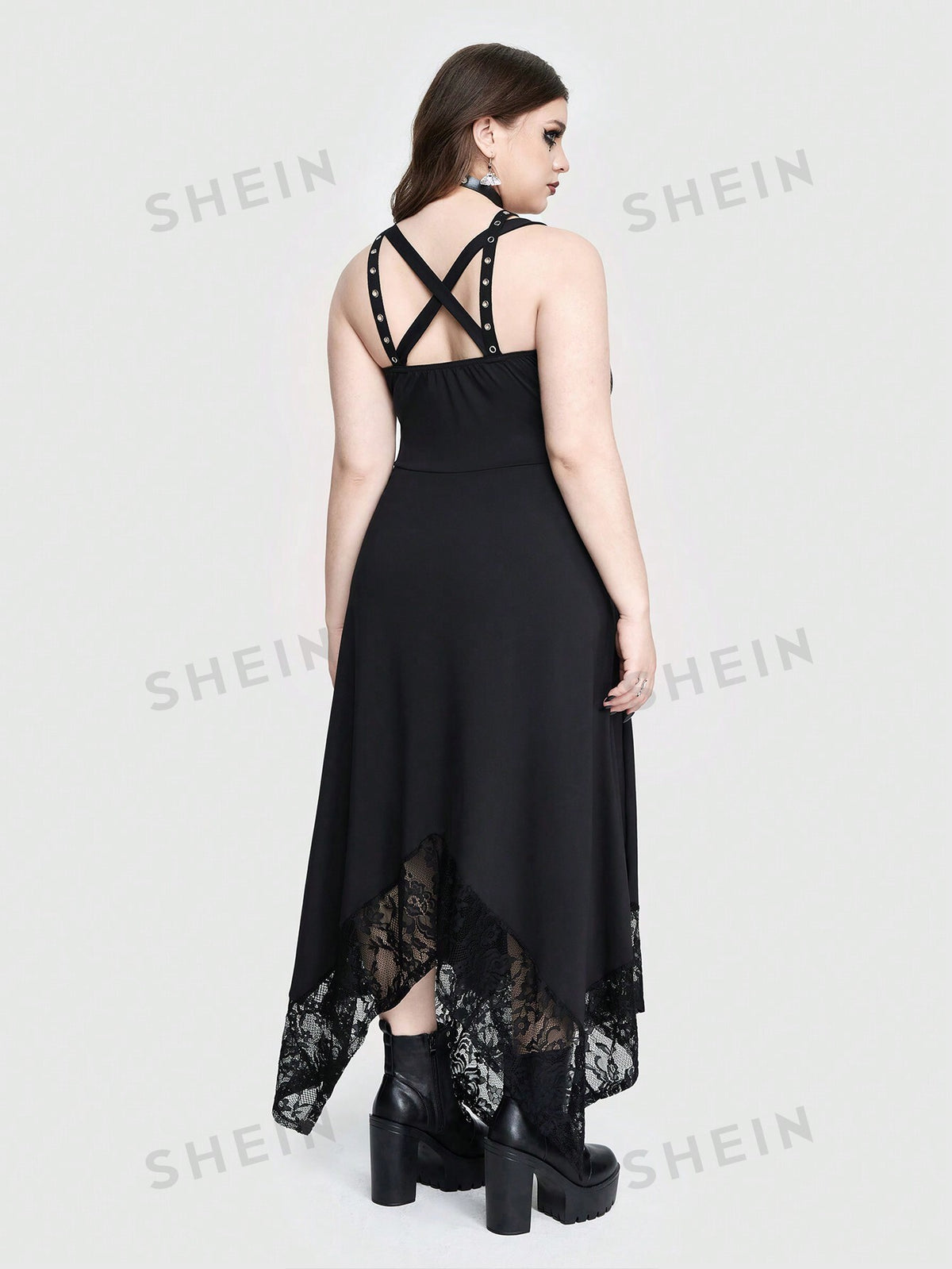 ROMWE Goth Punk Gothic Hollow Out Collar Chicken Eye Embellished Irregular Hem Contrast Lace Plus Size Maxi Cami Dress