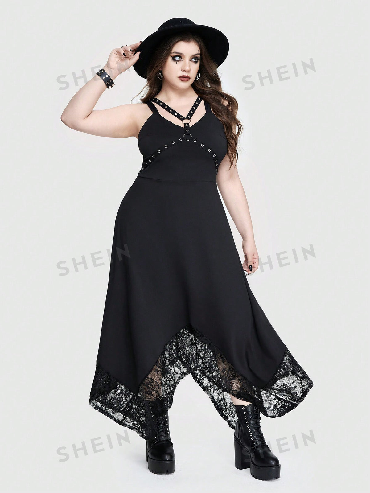 ROMWE Goth Punk Gothic Hollow Out Collar Chicken Eye Embellished Irregular Hem Contrast Lace Plus Size Maxi Cami Dress