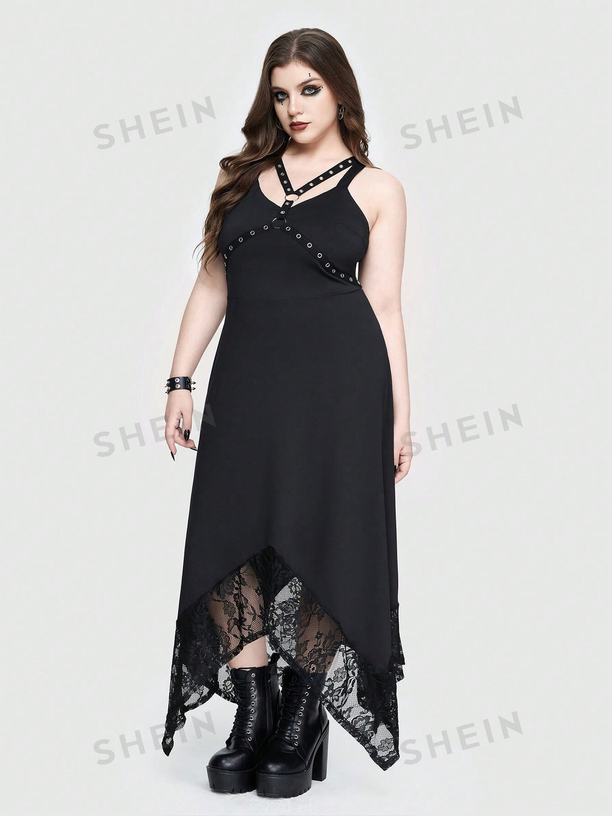 ROMWE Goth Punk Gothic Hollow Out Collar Chicken Eye Embellished Irregular Hem Contrast Lace Plus Size Maxi Cami Dress