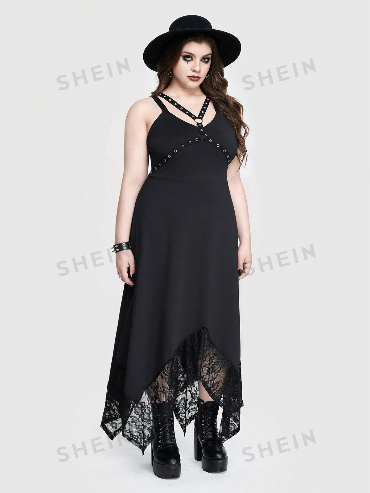 ROMWE Goth Punk Gothic Hollow Out Collar Chicken Eye Embellished Irregular Hem Contrast Lace Plus Size Maxi Cami Dress