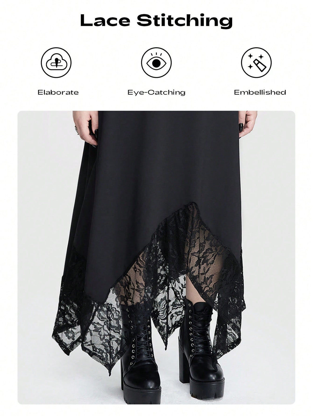 ROMWE Goth Punk Gothic Hollow Out Collar Chicken Eye Embellished Irregular Hem Contrast Lace Plus Size Maxi Cami Dress