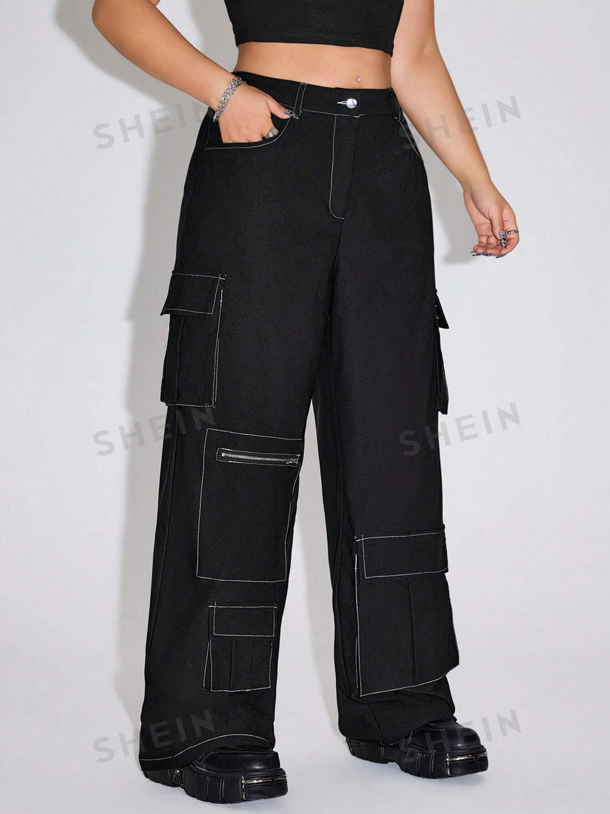 ICON Loose-Fitting Colorblock 3D Pocket Button Wide-Leg Work Pants With Decorative Stitching, Plus Size