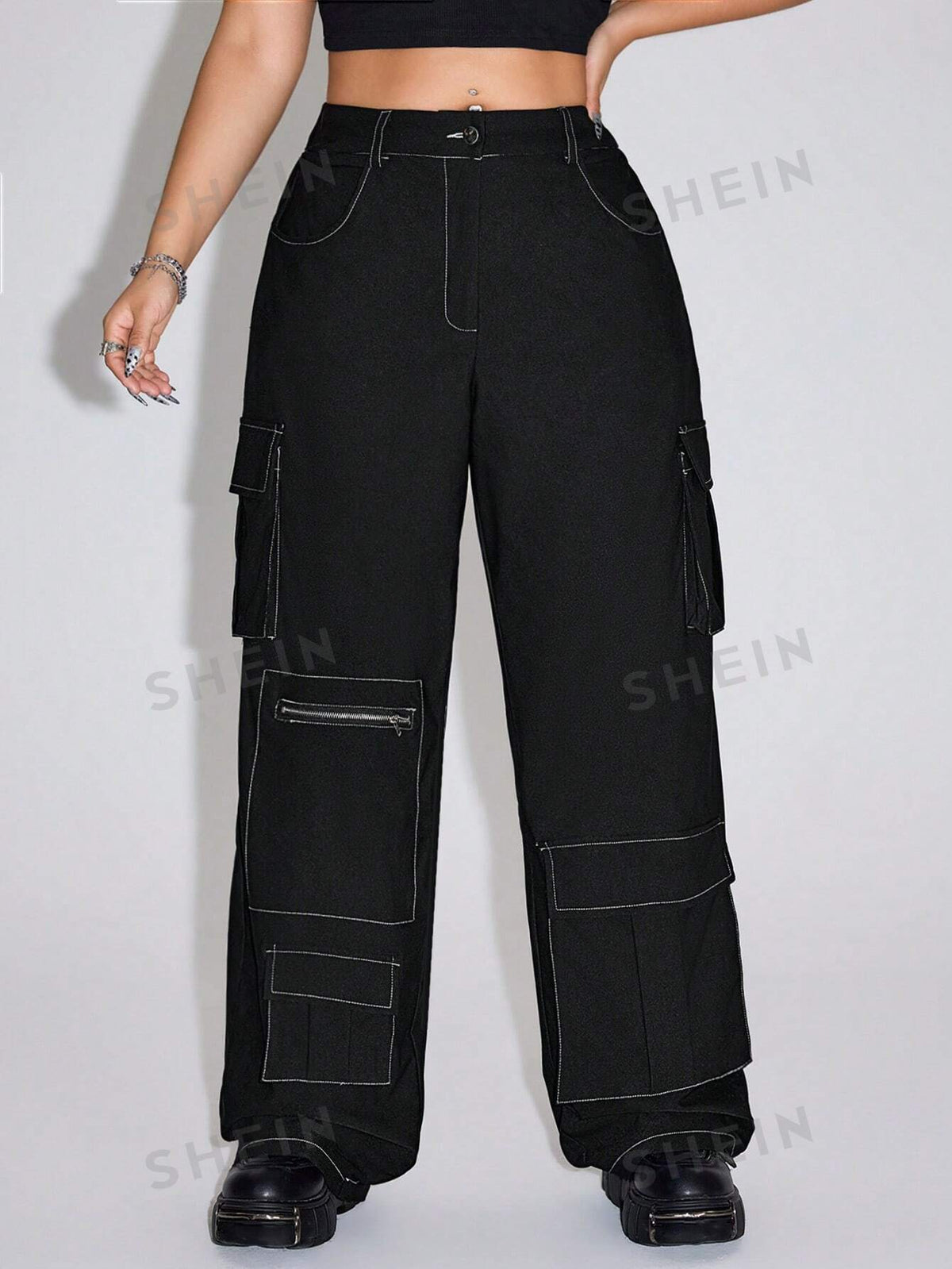 ICON Loose-Fitting Colorblock 3D Pocket Button Wide-Leg Work Pants With Decorative Stitching, Plus Size