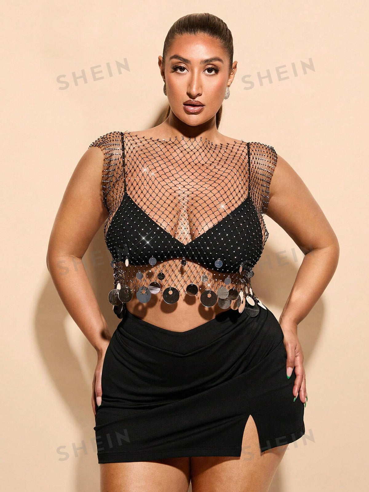 BAE Plus Size Women's Solid Color Black Music Festival Fishnet Rhinestone Shiny Metal Sequin Camisole, Perfect For Summer Holiday Party, Concert, Festival, And Date Night. The Delicate And Extravagant Metallic, Sequin And Chainmail Decorations Provide A