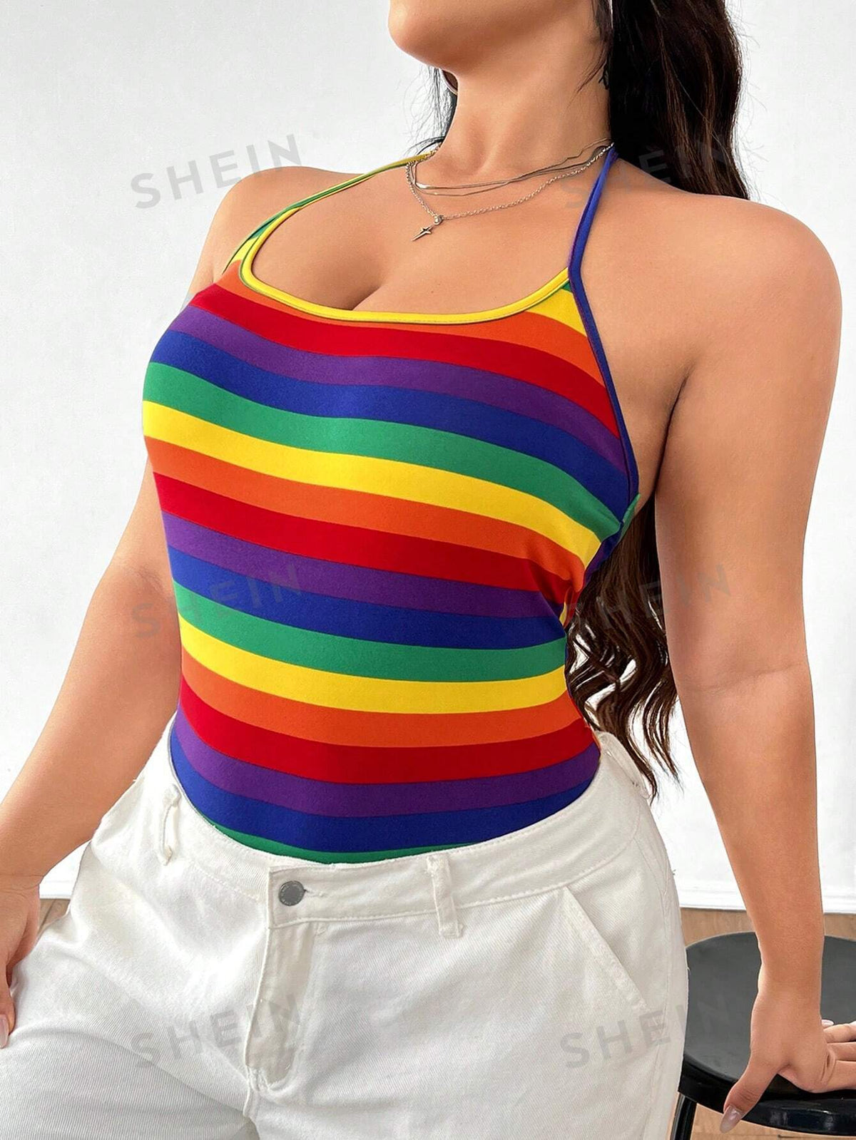 EZwear Plus Size Women's Colorful Stripe Printed Halter Neck Bodysuit