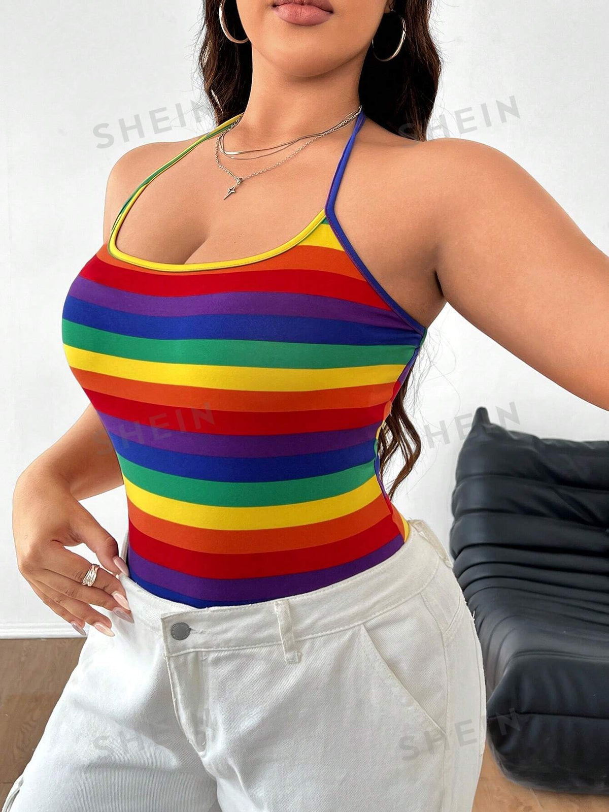 EZwear Plus Size Women's Colorful Stripe Printed Halter Neck Bodysuit