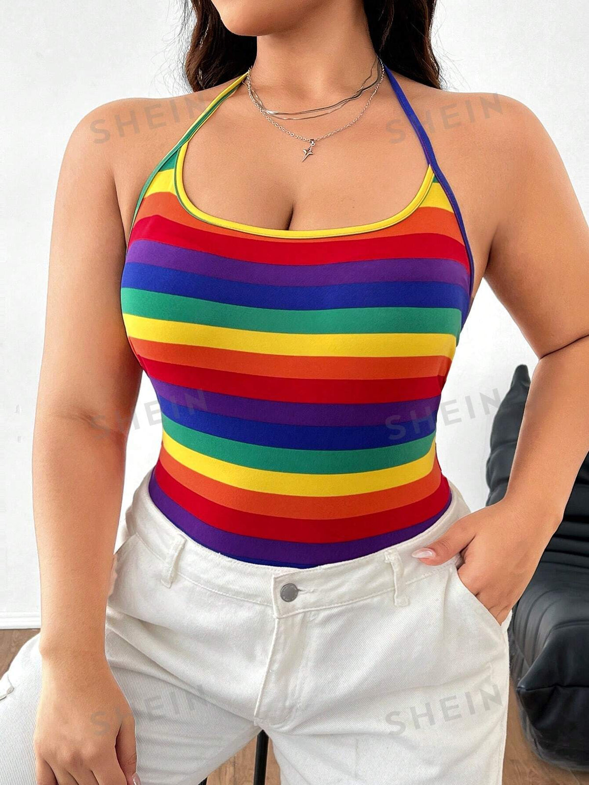 EZwear Plus Size Women's Colorful Stripe Printed Halter Neck Bodysuit