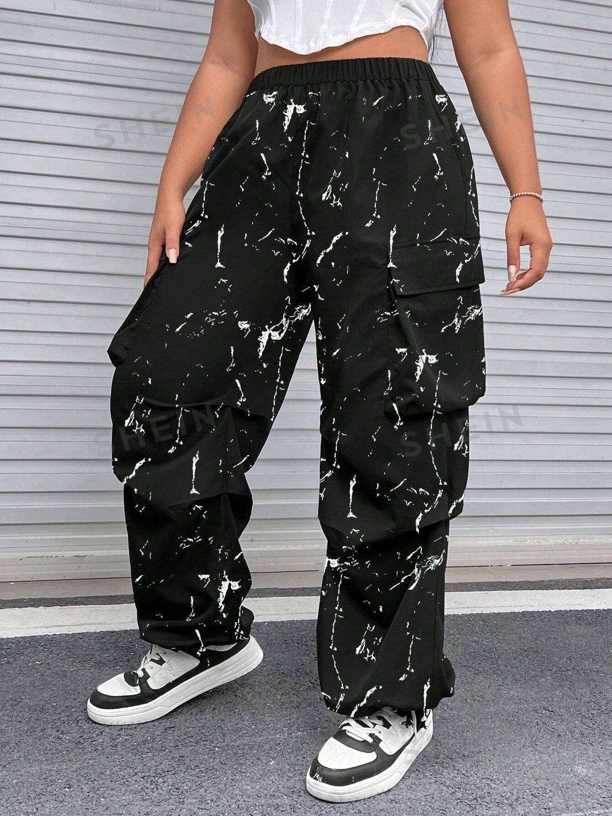 EZwear Plus Size Street Graffiti Workwear Pants With Ink Splatter Design