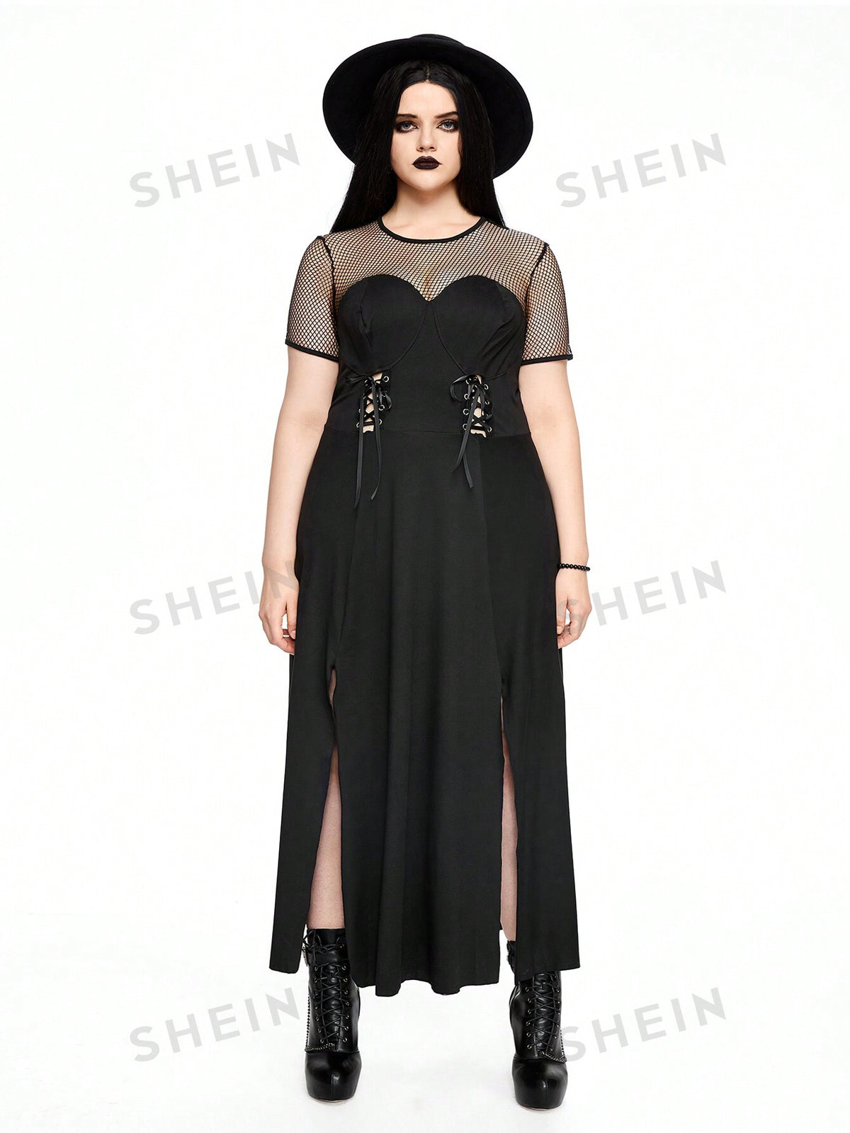 ROMWE Goth Gothic Metal-Look Chicken-Eye Binding Mesh See-Through Splicing High Slit Design Plus Size Women's Top, Black