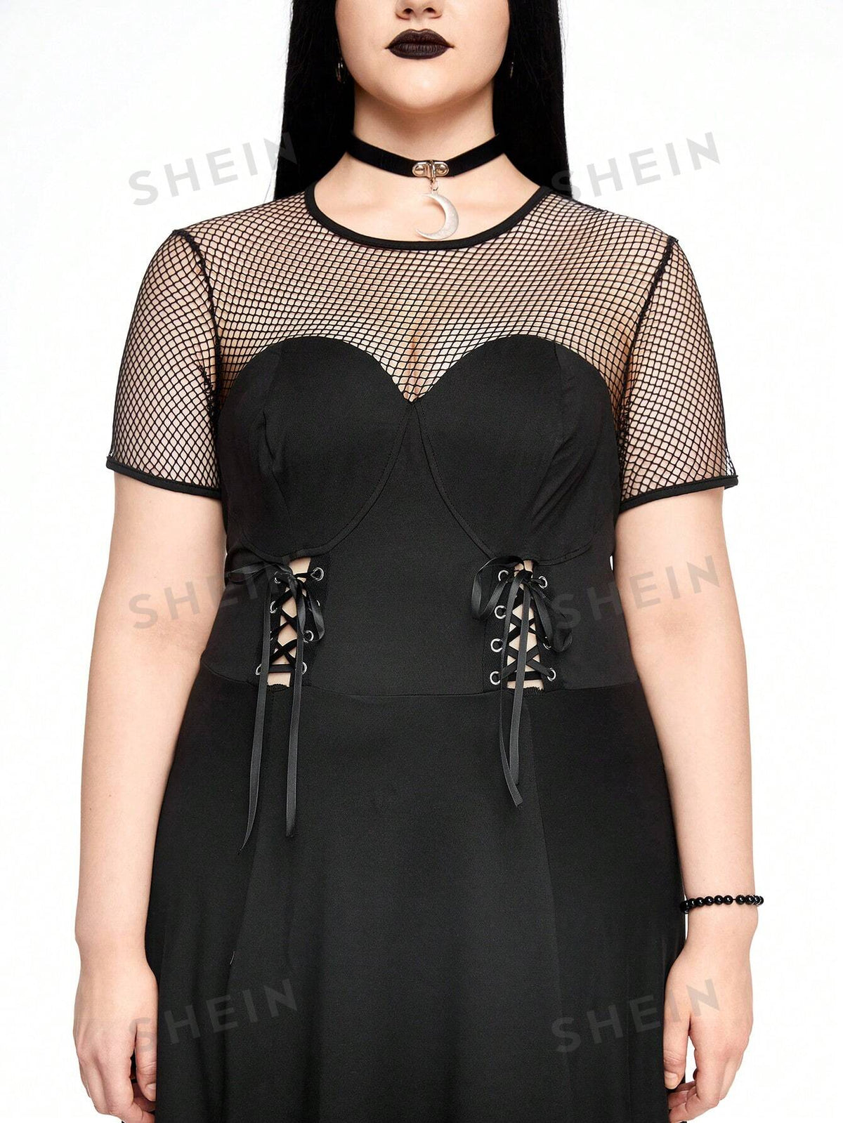 ROMWE Goth Gothic Metal-Look Chicken-Eye Binding Mesh See-Through Splicing High Slit Design Plus Size Women's Top, Black