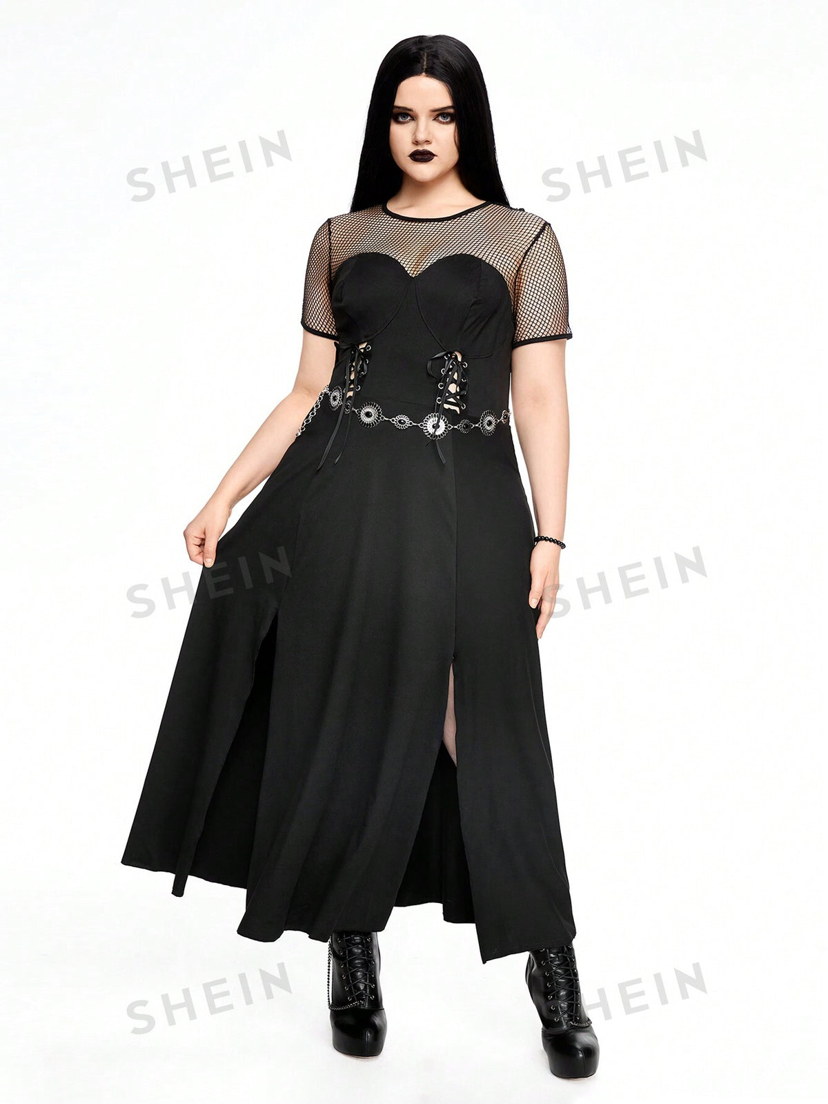 ROMWE Goth Gothic Metal-Look Chicken-Eye Binding Mesh See-Through Splicing High Slit Design Plus Size Women's Top, Black