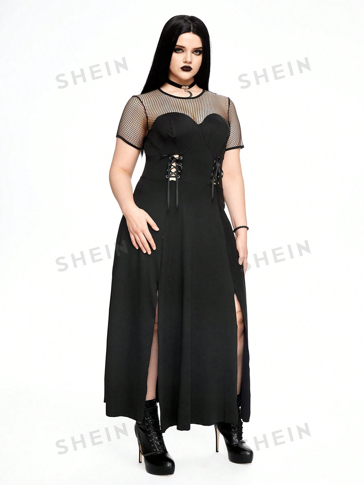 ROMWE Goth Gothic Metal-Look Chicken-Eye Binding Mesh See-Through Splicing High Slit Design Plus Size Women's Top, Black