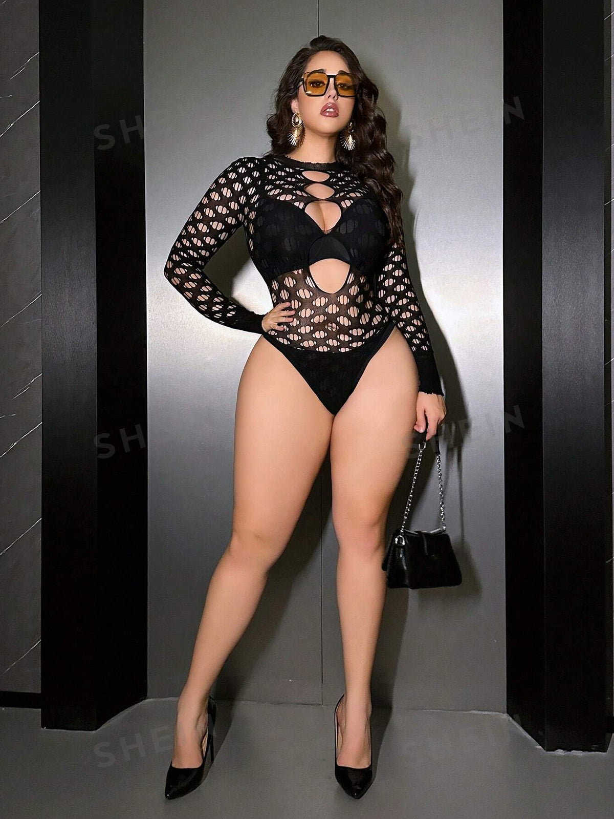 SXY Plus Size Women's Hollow Out Mesh Long Sleeve Bodysuit, Sexy High Elastic Knitted See-Through Top